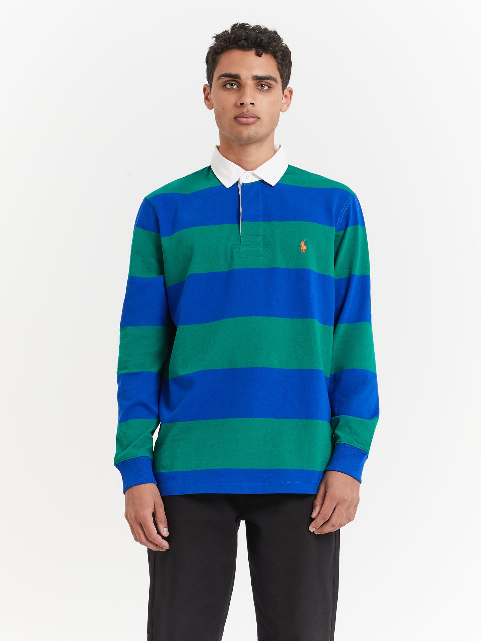 Long Sleeve Rugby Polo in Sapphire Blue & Primary Green Stripe