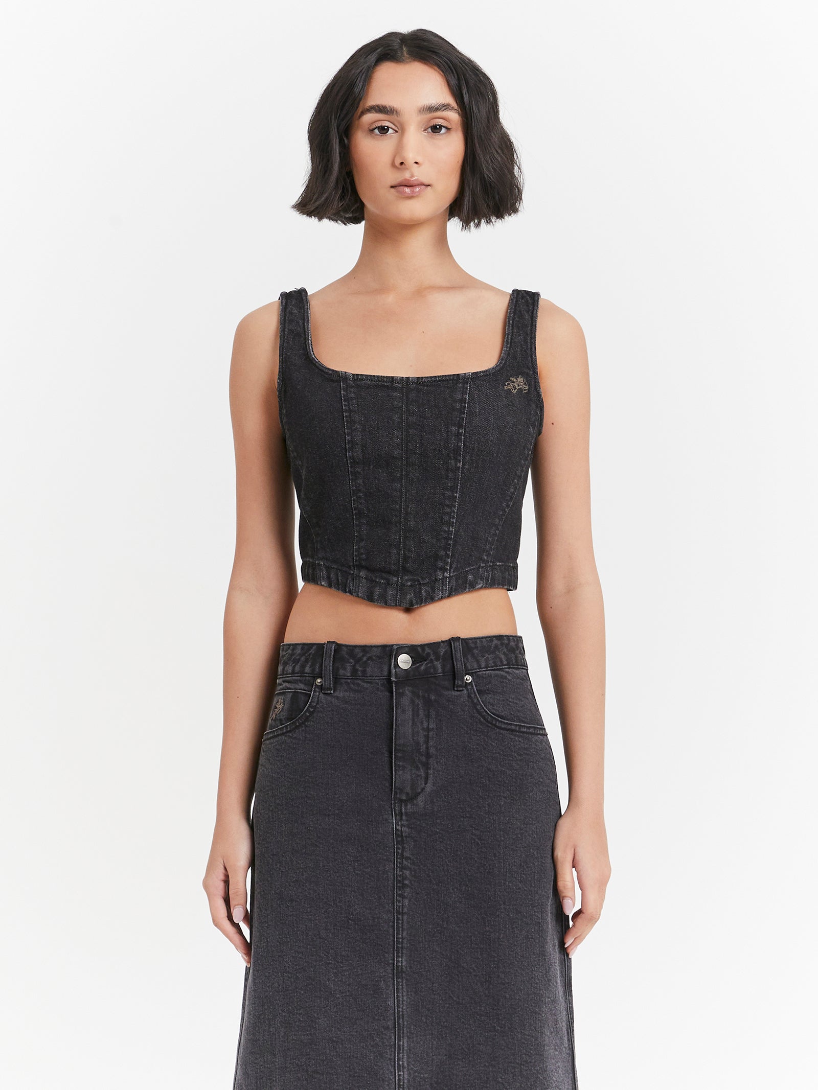 Mysteries Denim Corset Top in Used Black