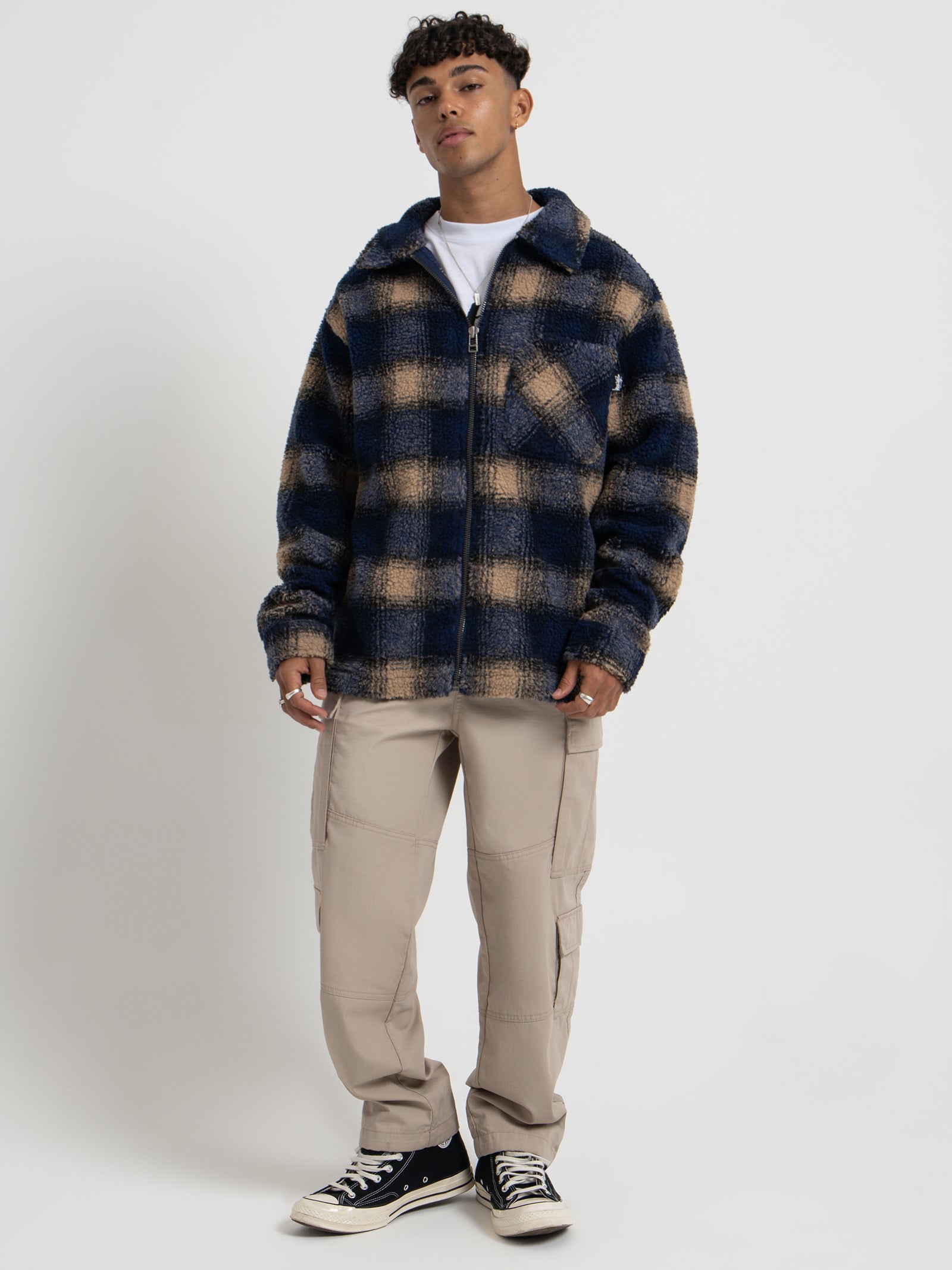 Shadow Plaid Sherpa Zip Shirt in Navy