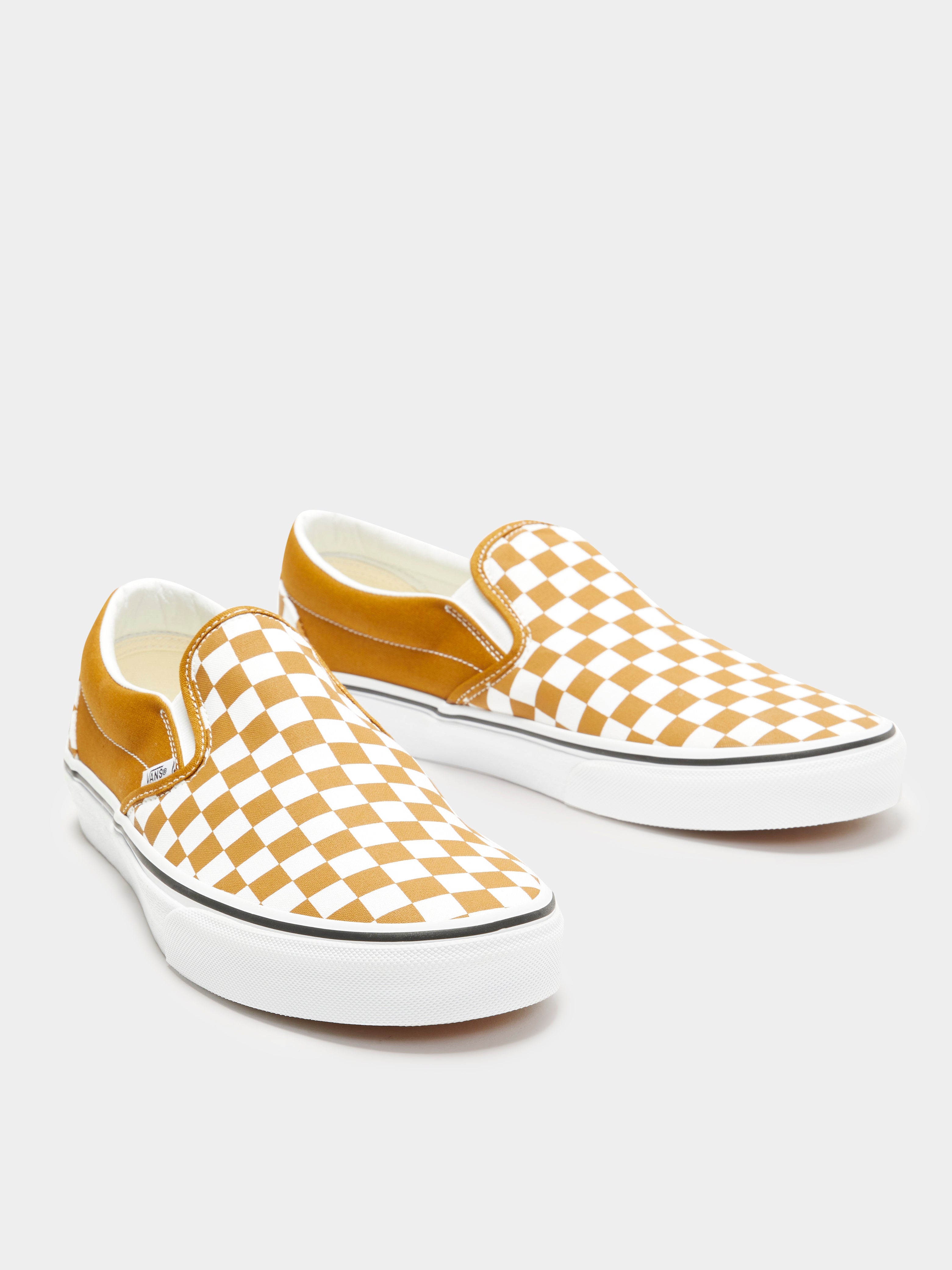 Unisex Color Theory Checkerboard Slip-On Sneakers in Golden Brown