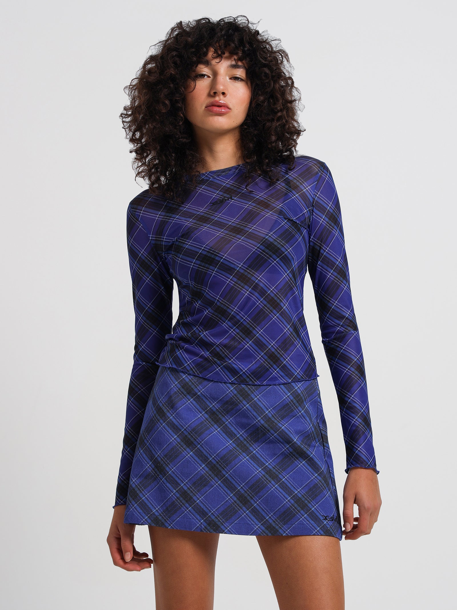 Tartan Plaid Mesh Top in Cobalt