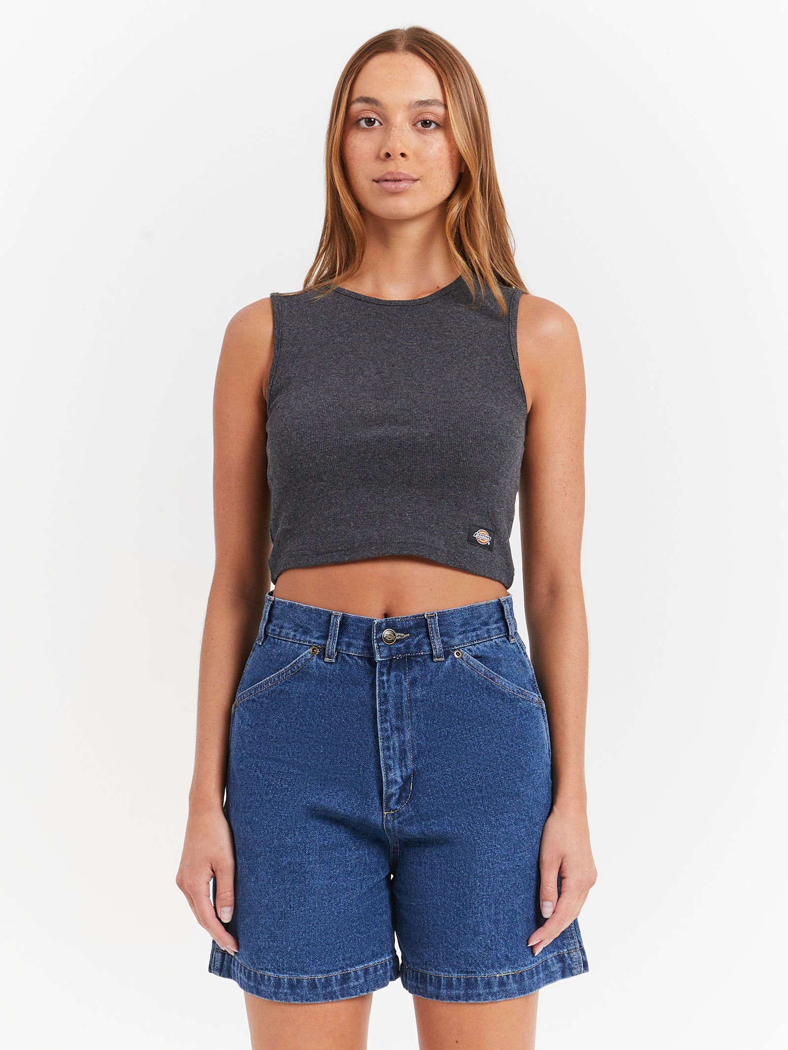 Essential Rib Crop Tank in Black Marle