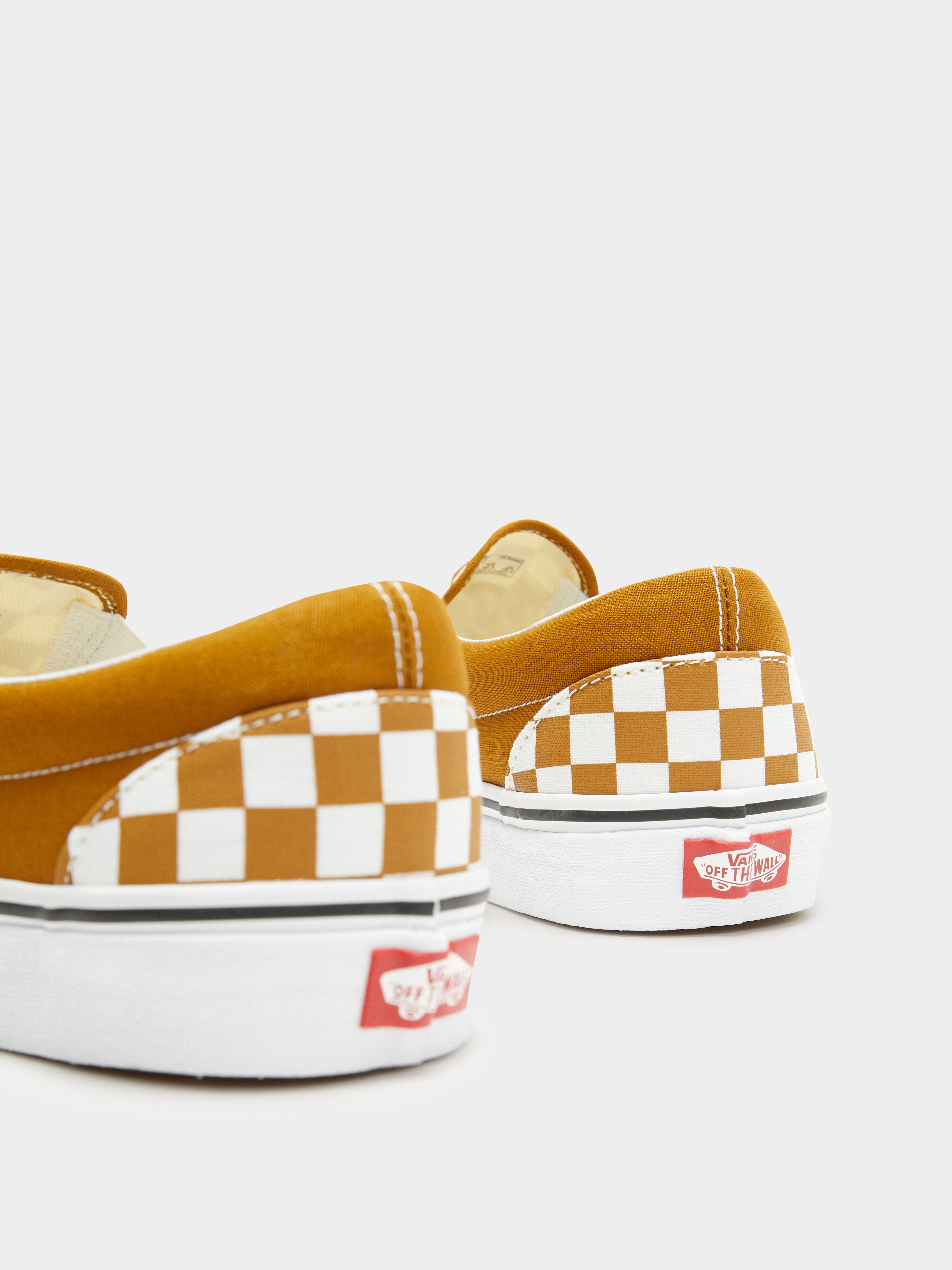 Unisex Color Theory Checkerboard Slip-On Sneakers in Golden Brown