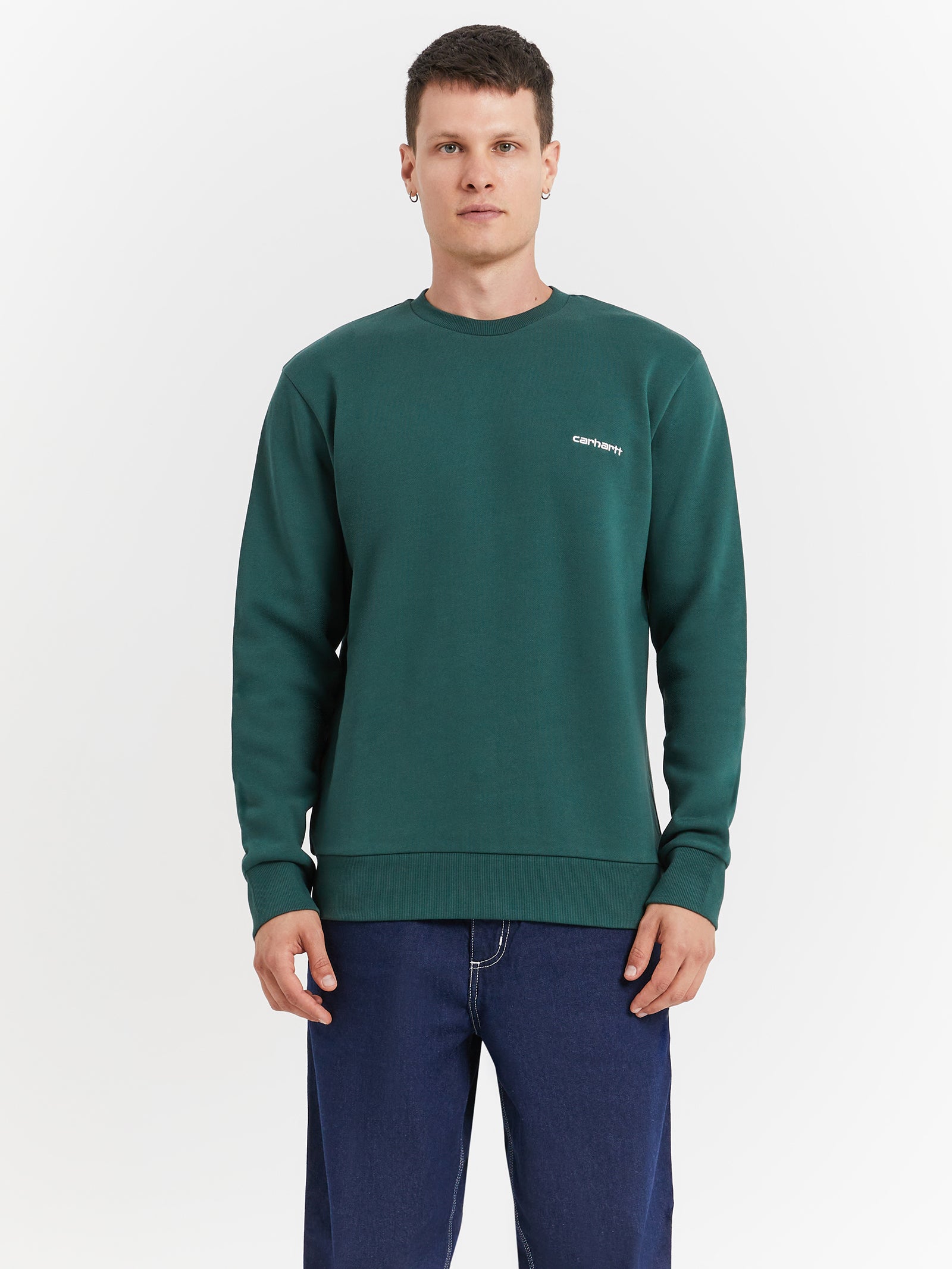 Script Embroidery Sweater in Treehouse Green & White