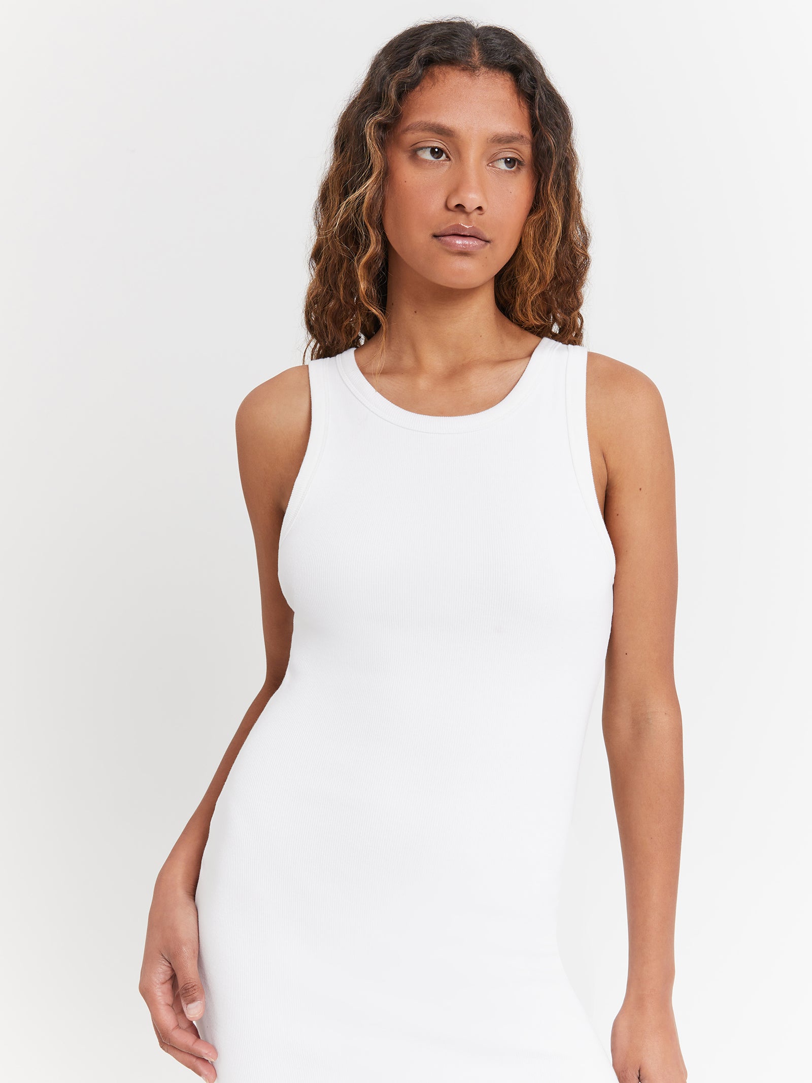 Molly High Neck Rib Dress in White