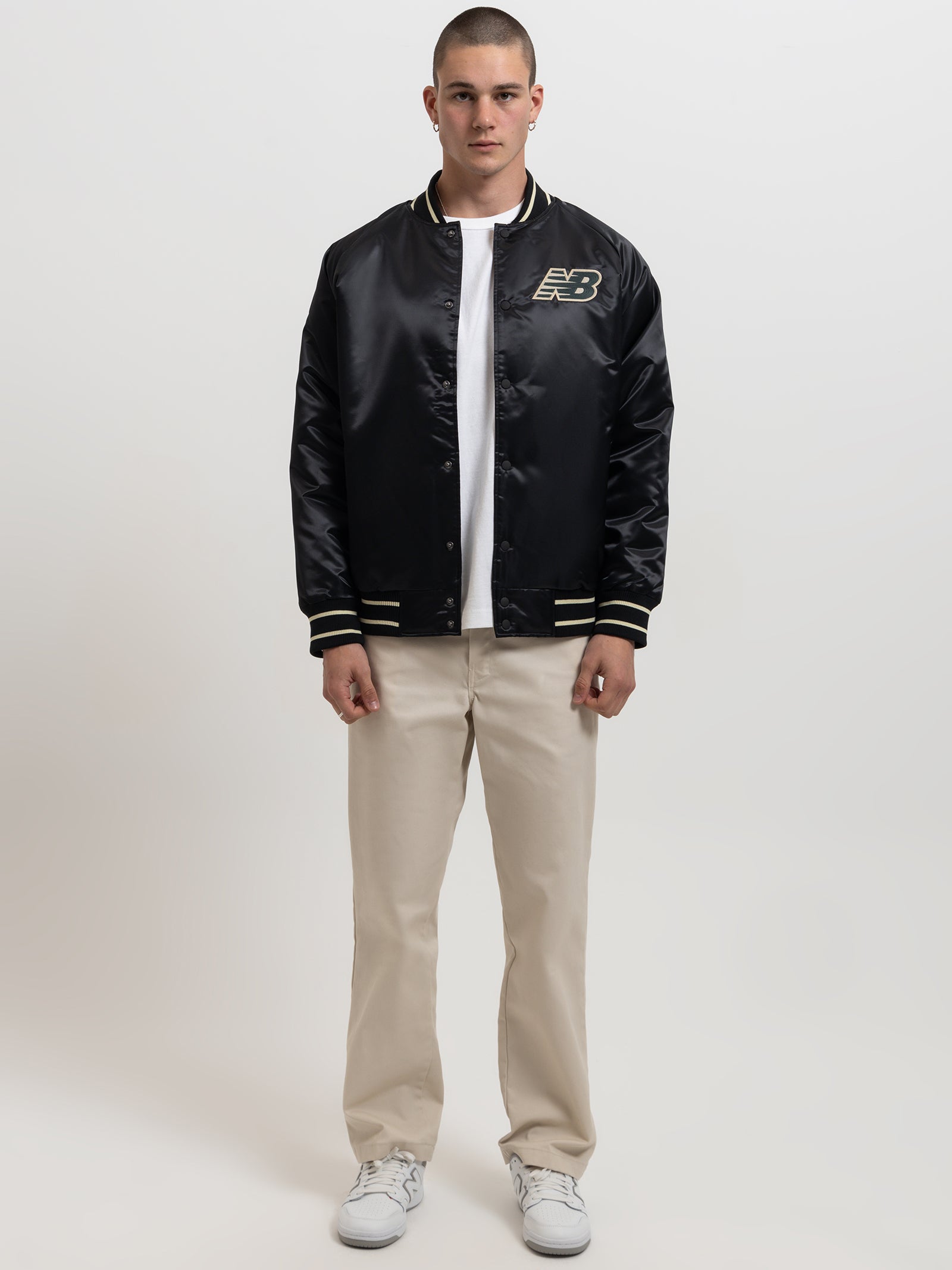 Athletics Varsity Satin Bomber Jacket in Black