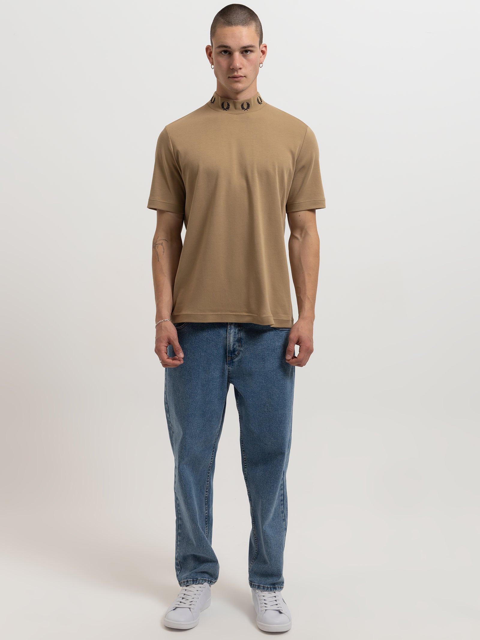 Laurel Wreath High Neck T-Shirt in Warm Stone