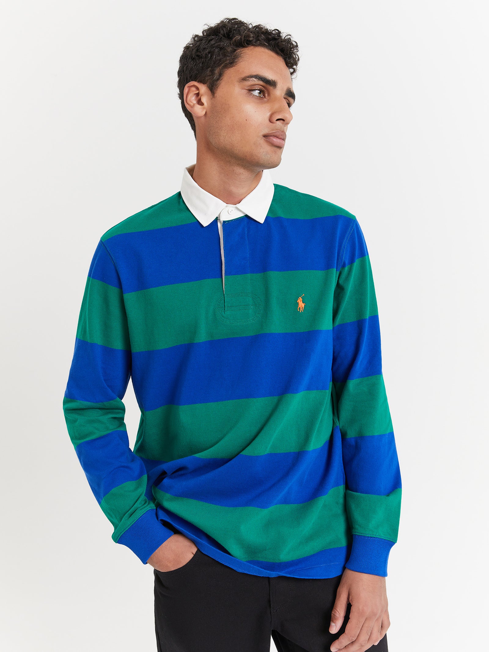 Long Sleeve Rugby Polo in Sapphire Blue & Primary Green Stripe