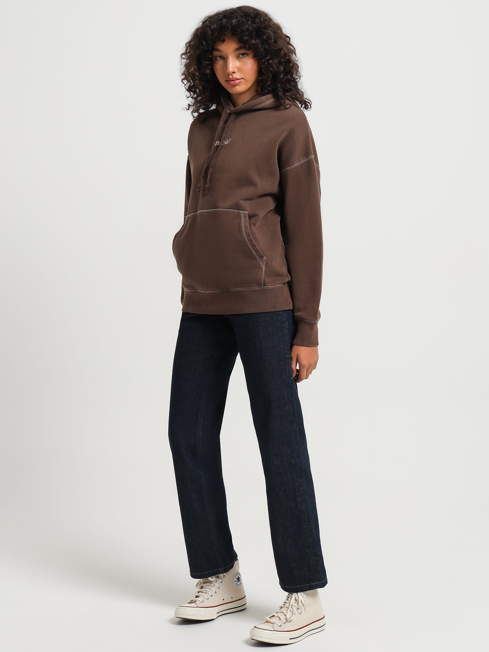 Thrills Workwear Embroidered Fleece Hoodie in Umber