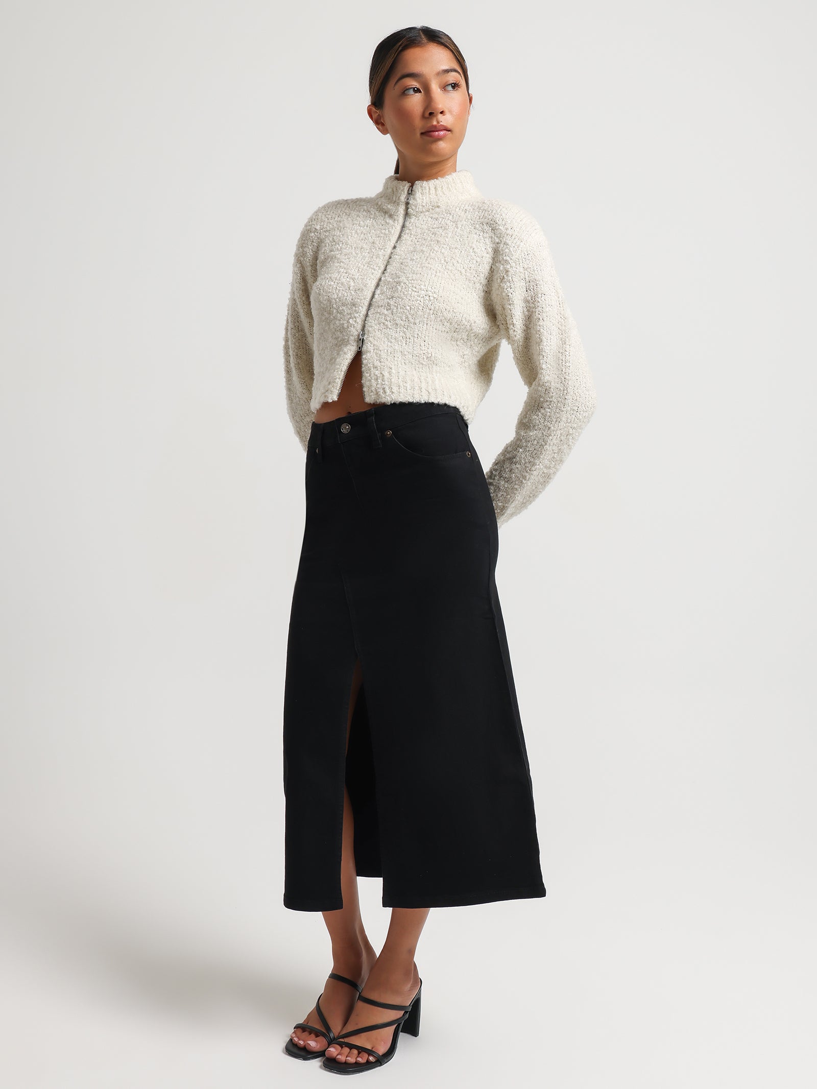 Serena Denim Split Midi Skirt in Black