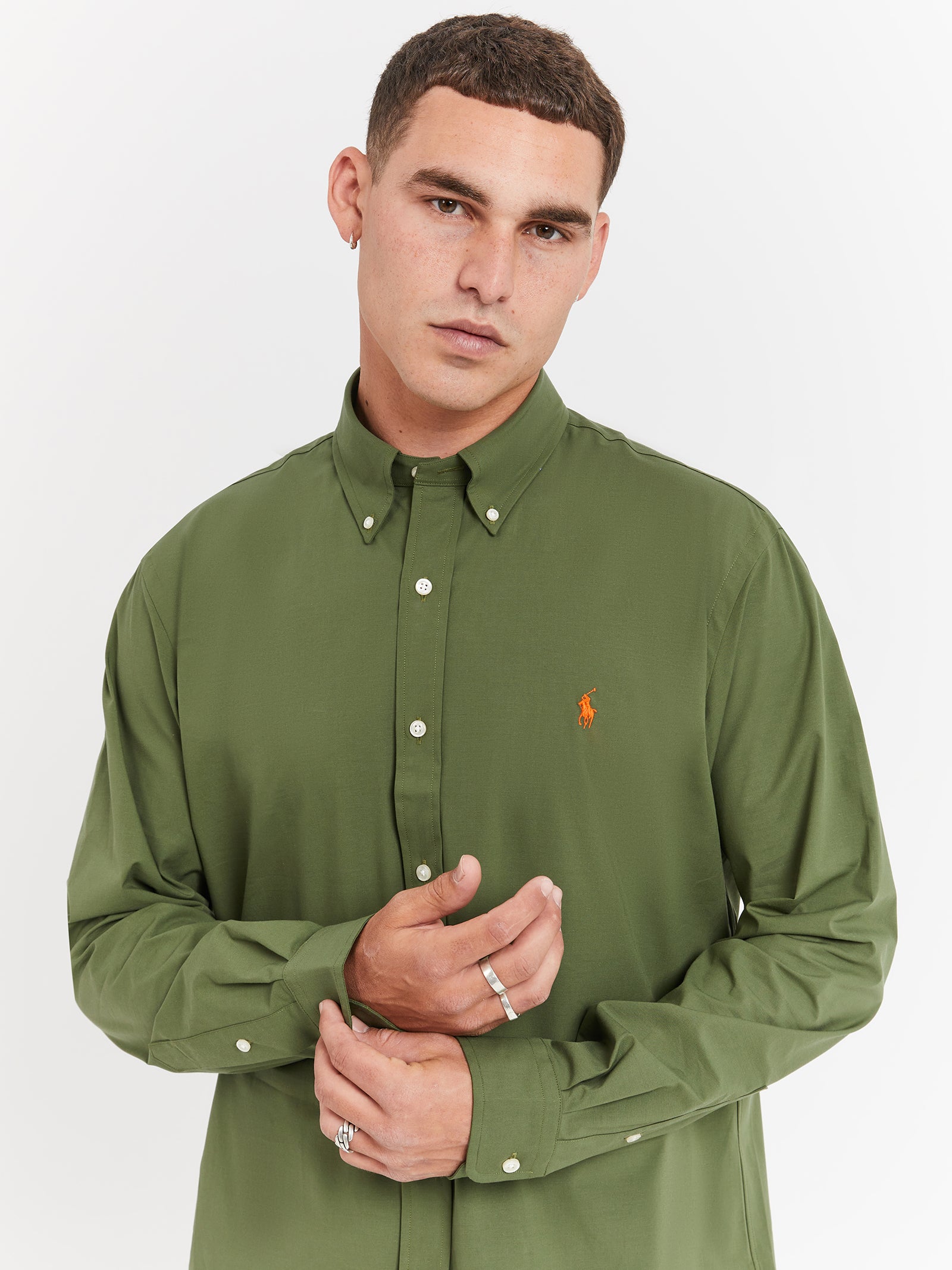 Custom Fit Long Sleeve Poplin Shirt in Supply Olive