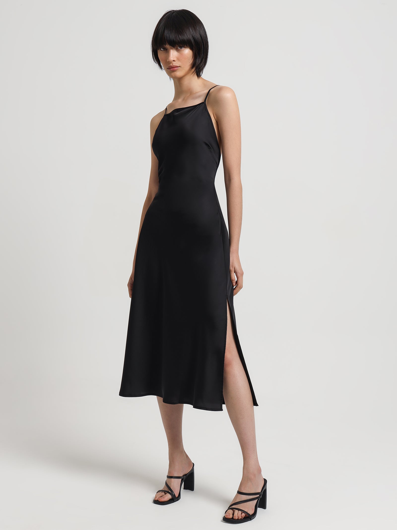 Karis Satin Midi Dress in Black