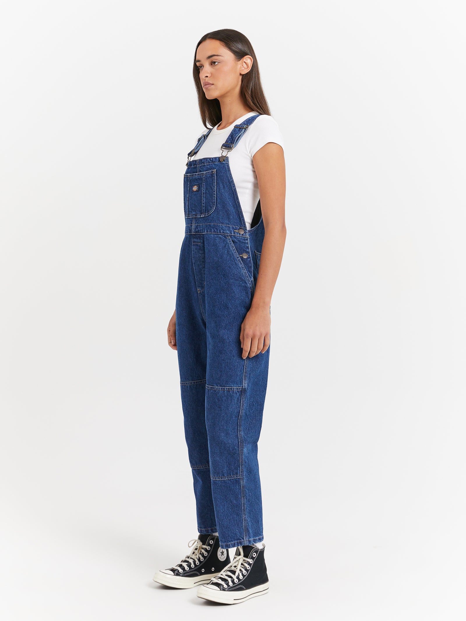 Whitney Denim Carpenter Double Knee Dungarees in Stone Wash