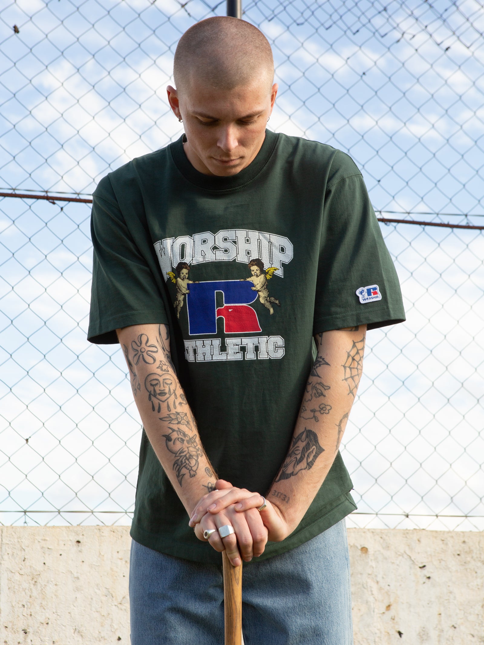 Worship x Russell Athletic Groundkeepers T-Shirt in Sycamore Green