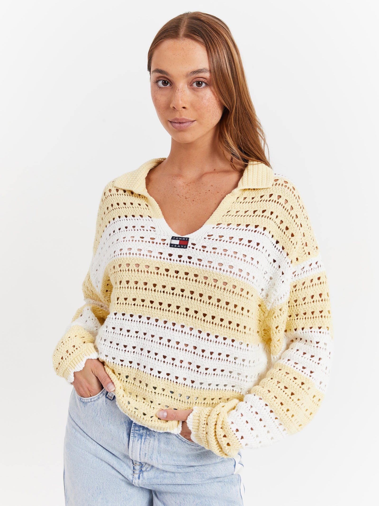 Summer Crochet Sweater in Lemon Zest & White