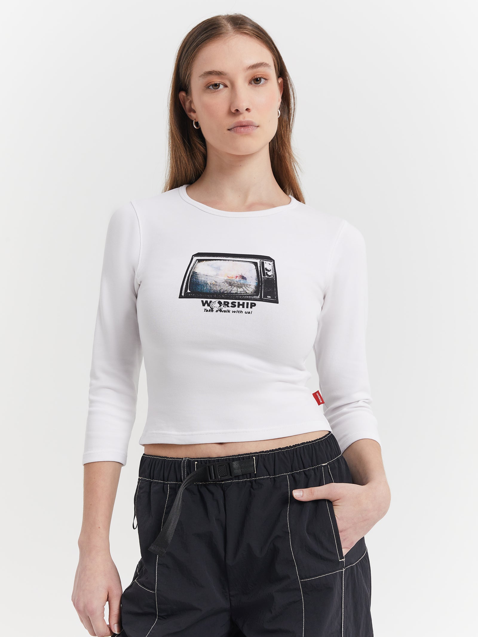 Square Eyes Micro 3/4 Sleeve T-Shirt in White