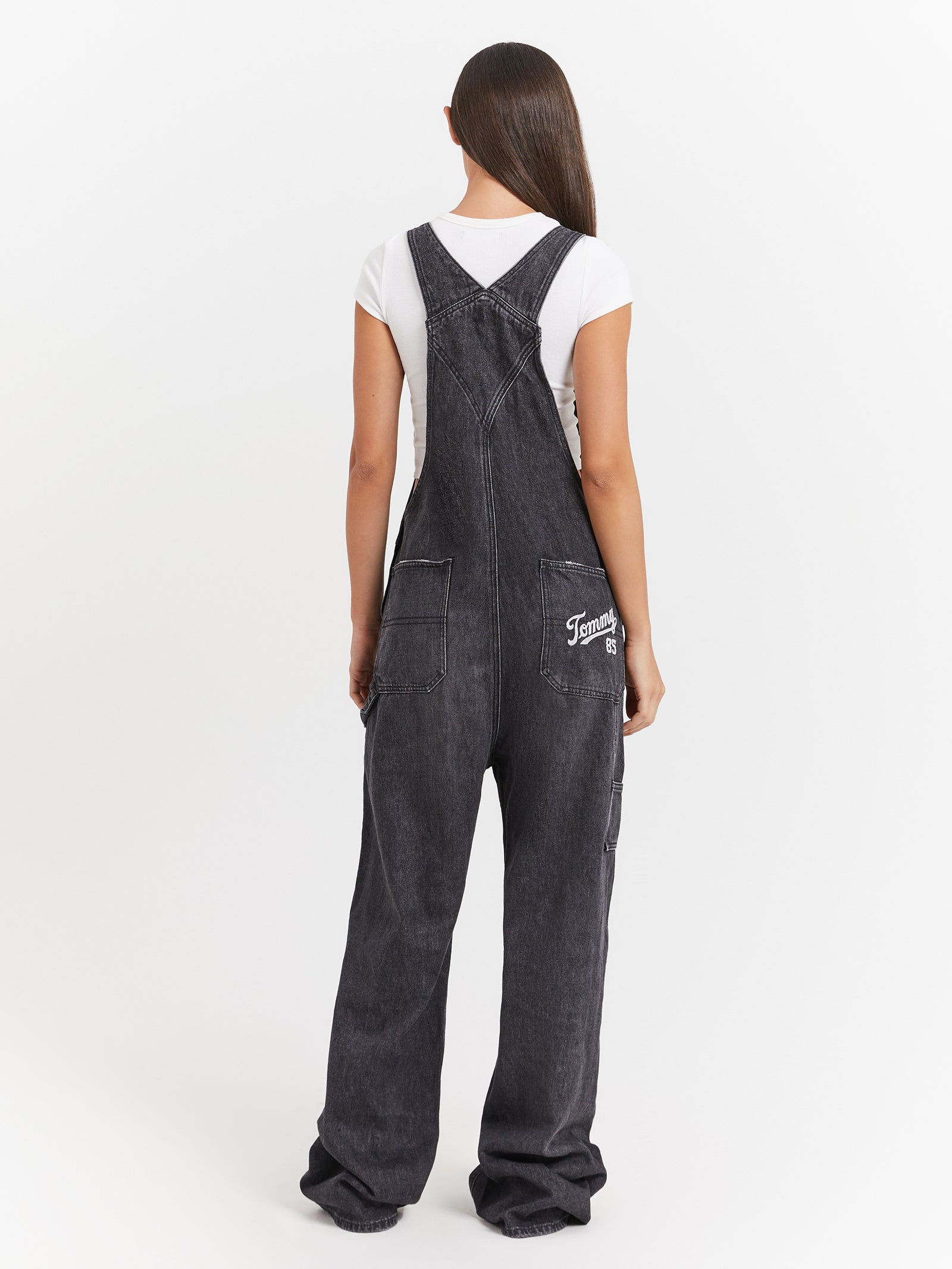 Logo Strap Denim Dungarees in Black