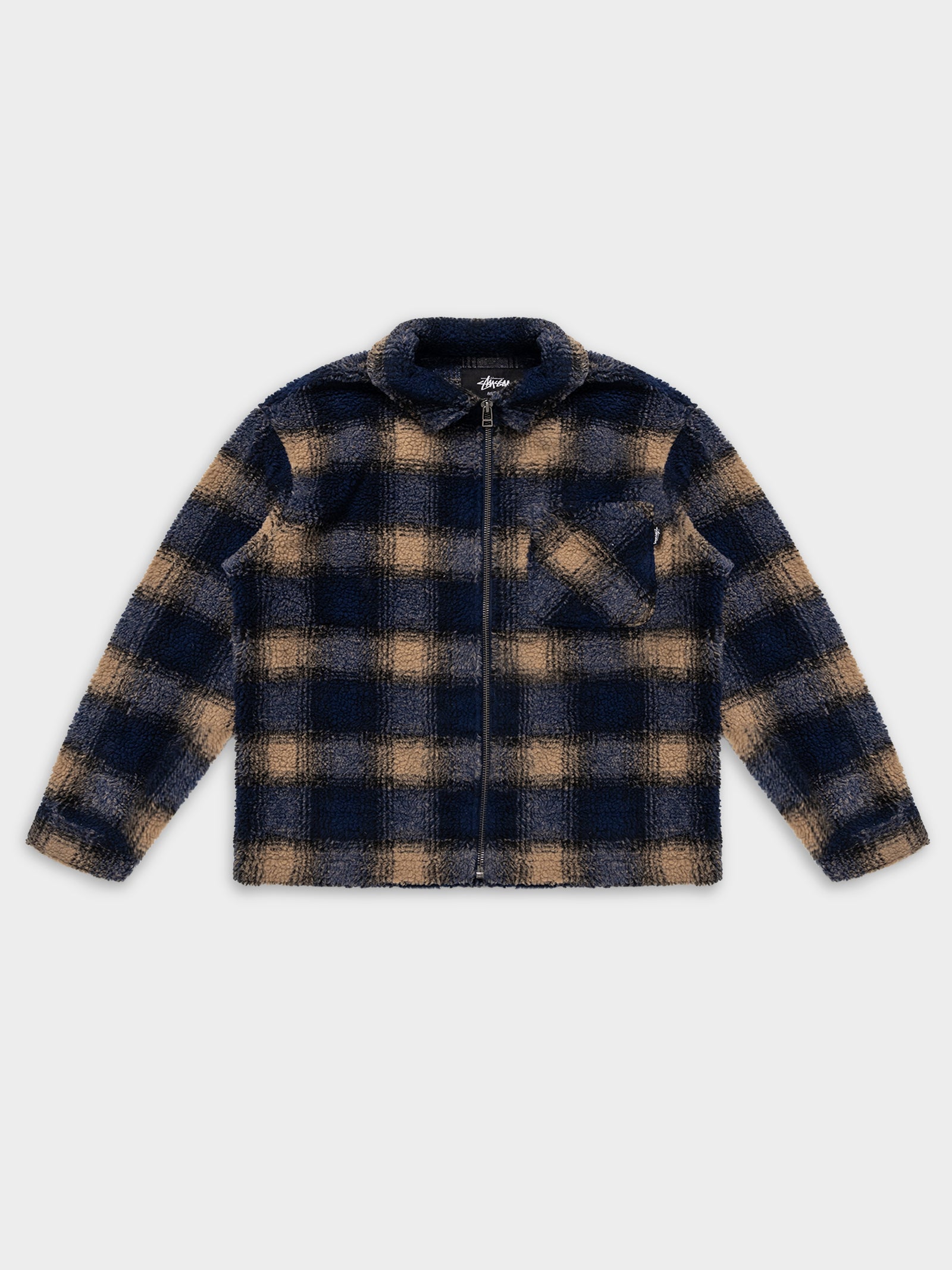 Shadow Plaid Sherpa Zip Shirt in Navy