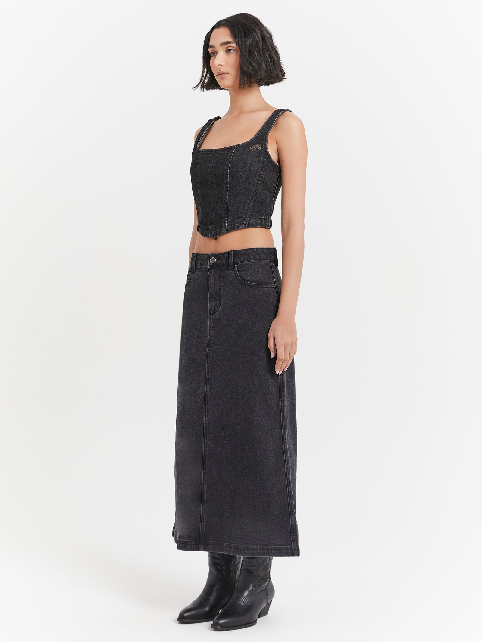 Mysteries Denim Maxi Skirt in Used Black