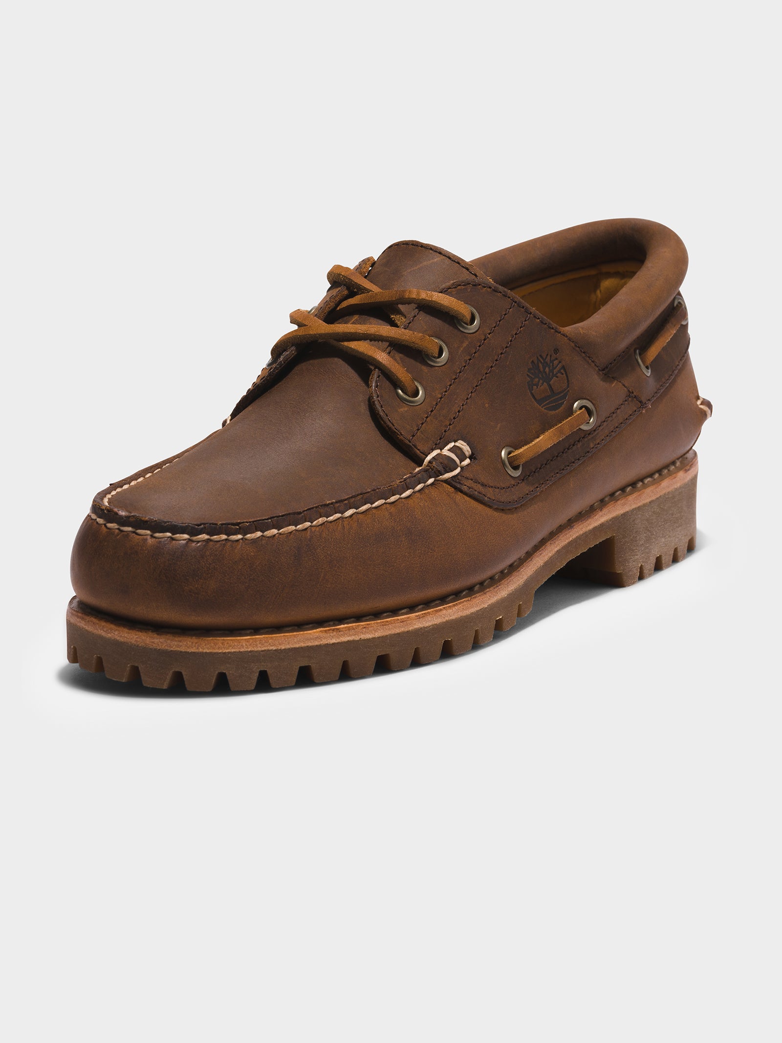 Mens 3 Eye Classic Lug Handsewn Boat Shoes in Brown