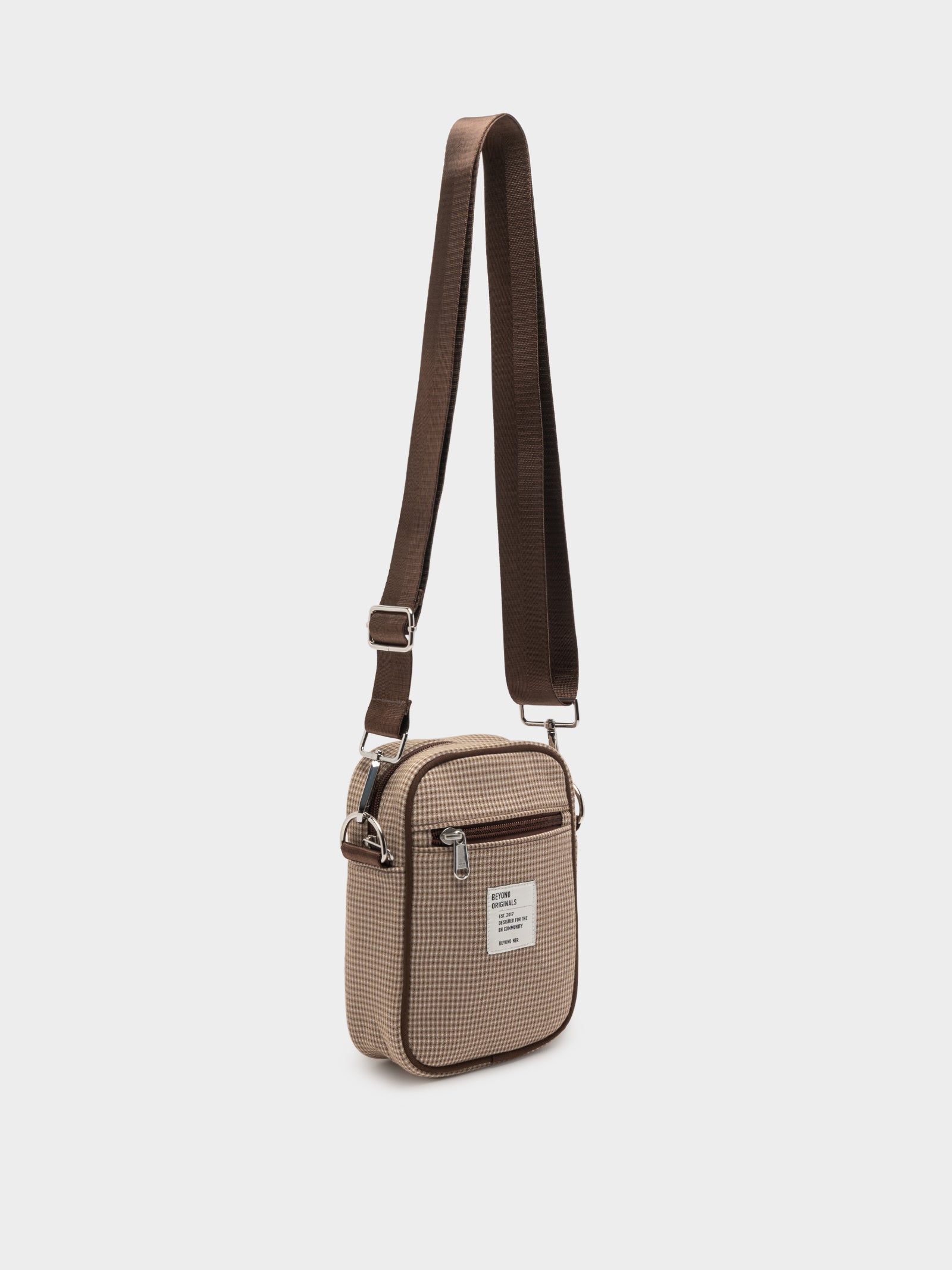 Zip-Front Side Bag in Brown & Cream Check