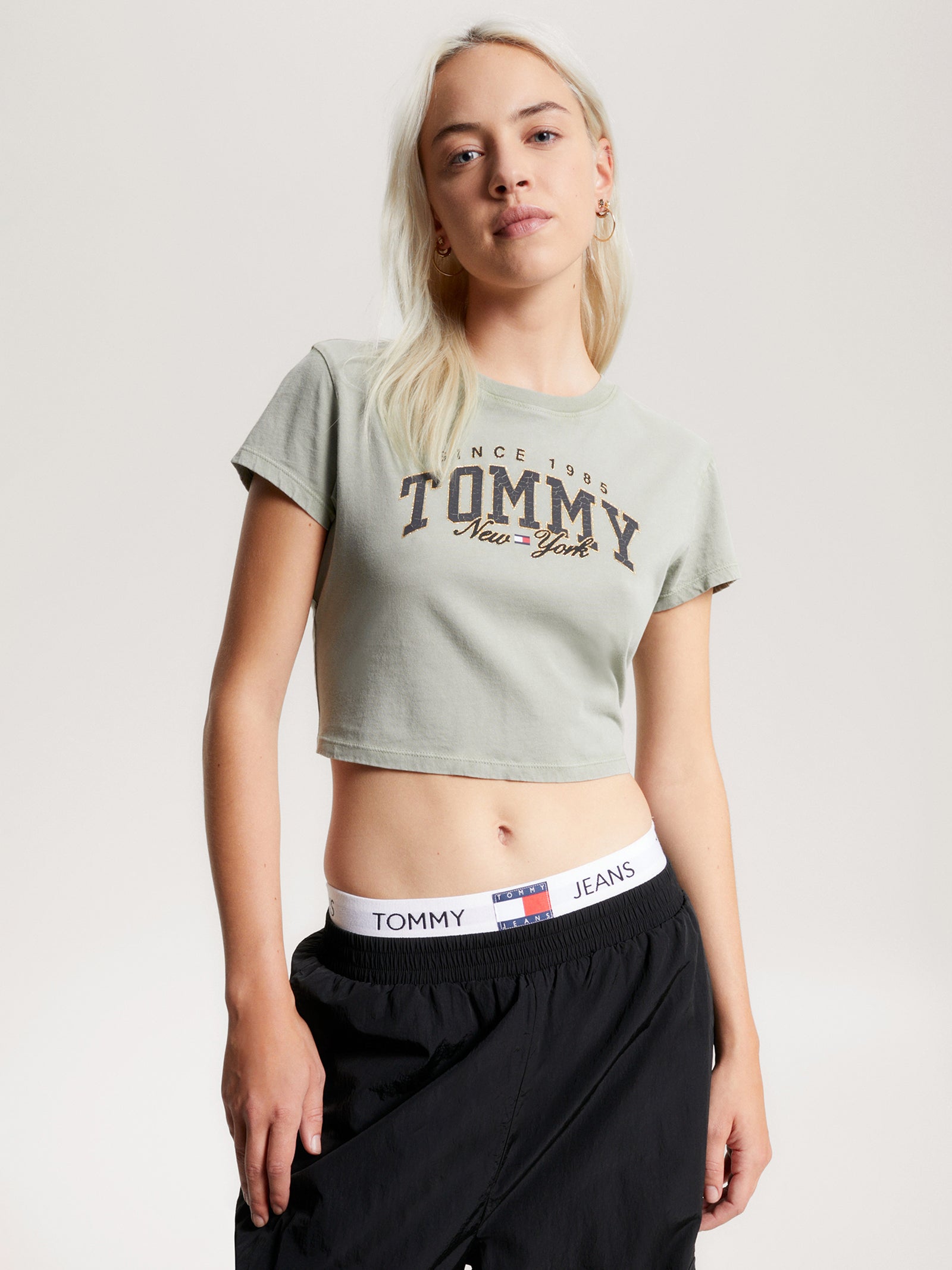 Varsity Logo Cropped Fit Baby T-Shirt in Faded Willow Green