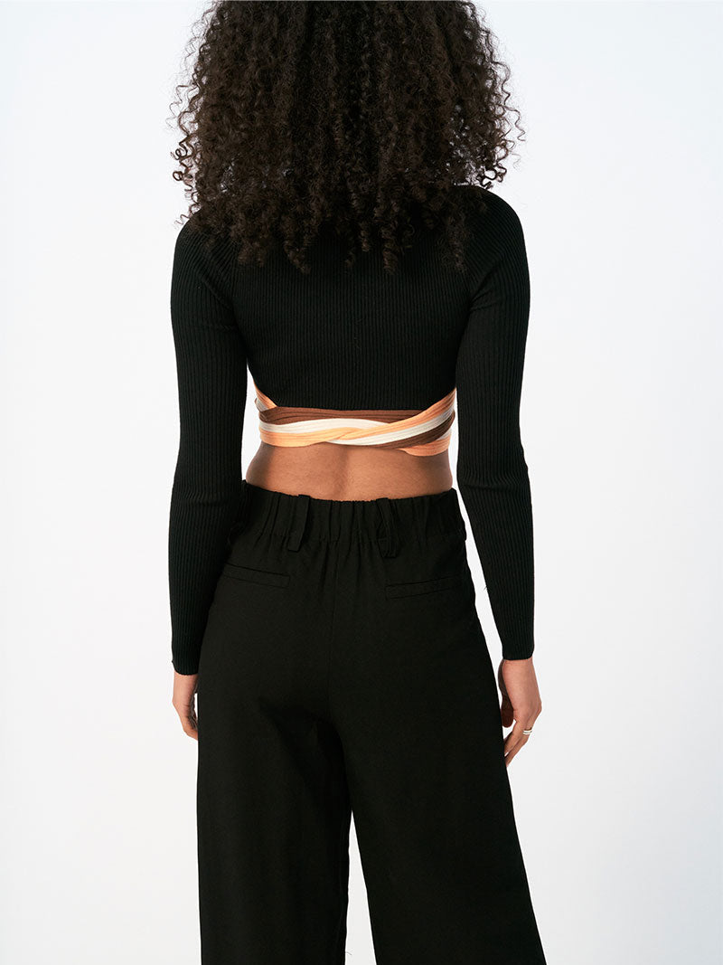 Inertia Long Sleeve Knit Crop Top in Black & Apricot