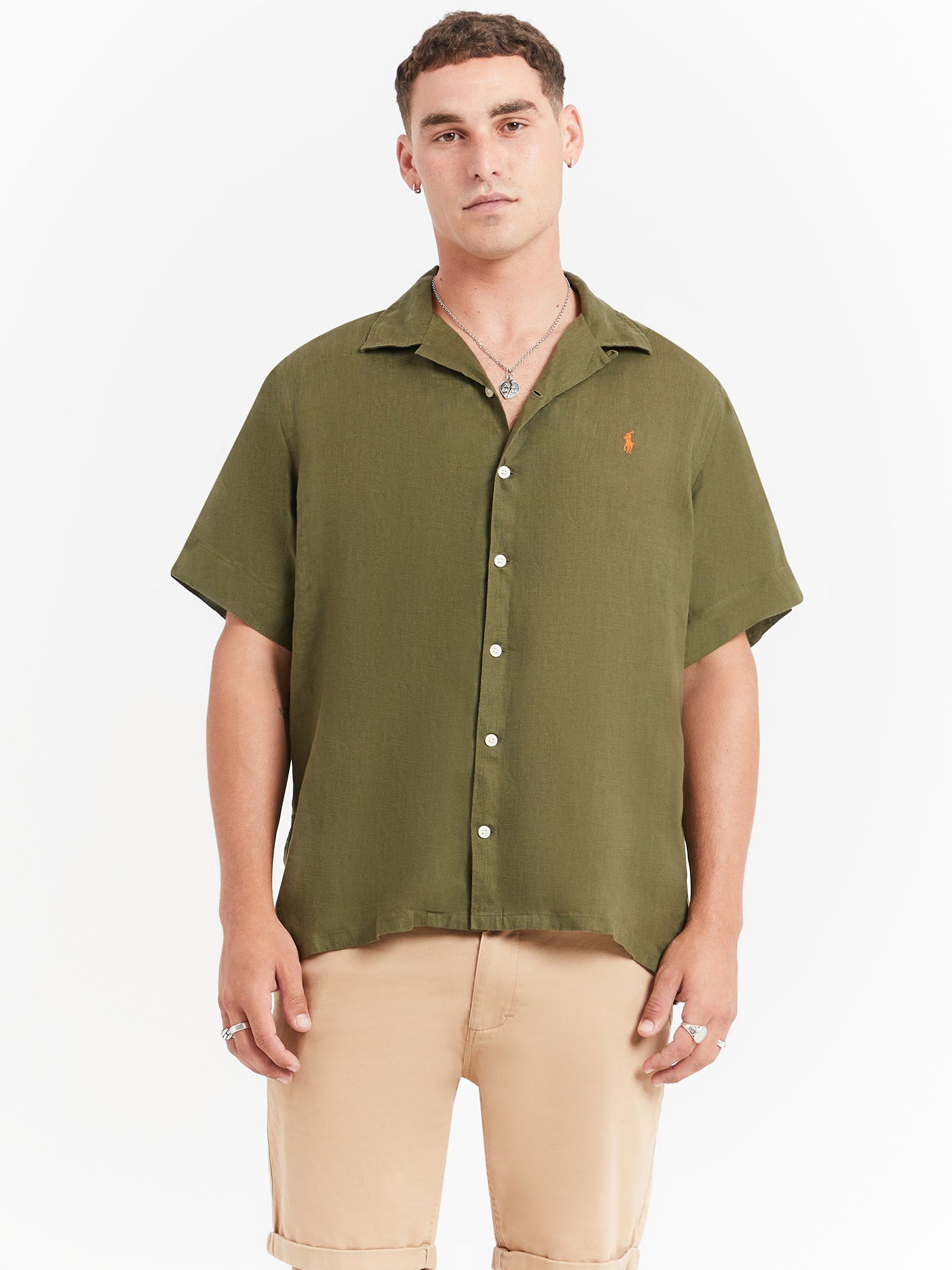 Piece Dye Linen Short Sleeve Shirt in Dark Sage Green