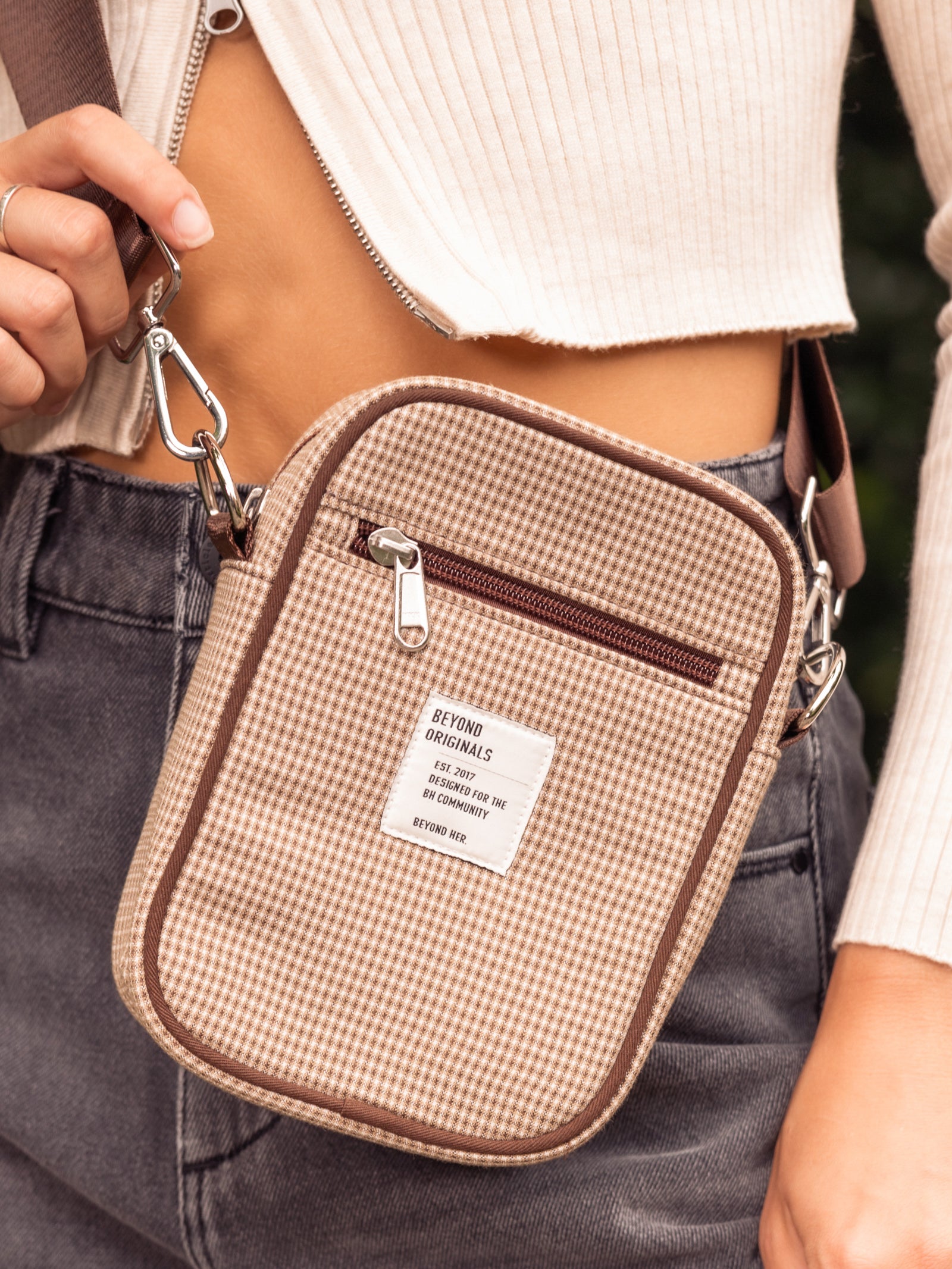 Zip-Front Side Bag in Brown & Cream Check