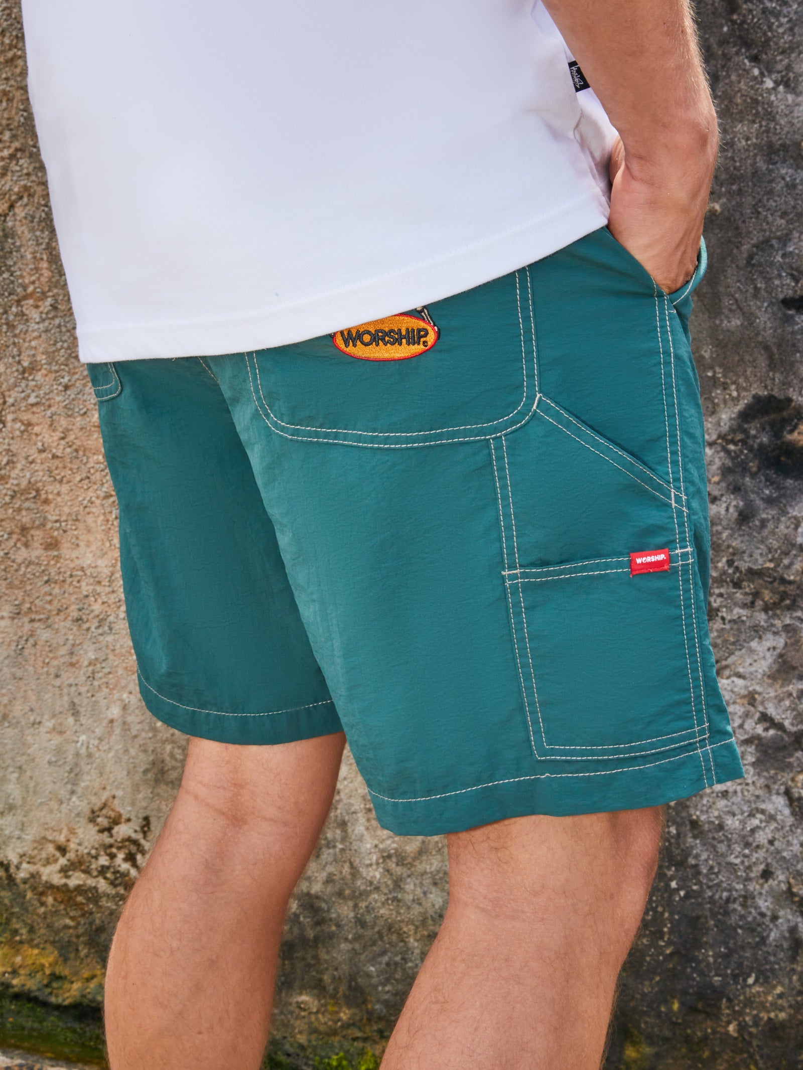 Lay Doubt Nylon Carpenter Shorts in Deep Lake Green