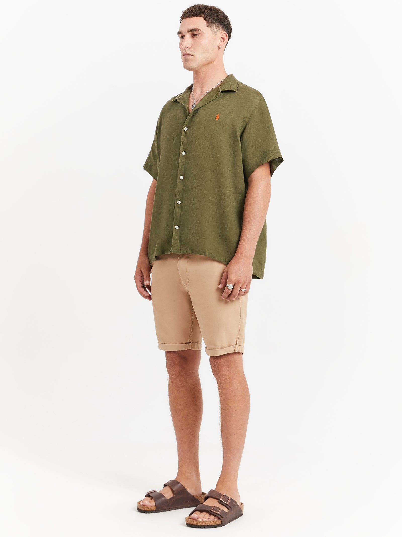 Piece Dye Linen Short Sleeve Shirt in Dark Sage Green