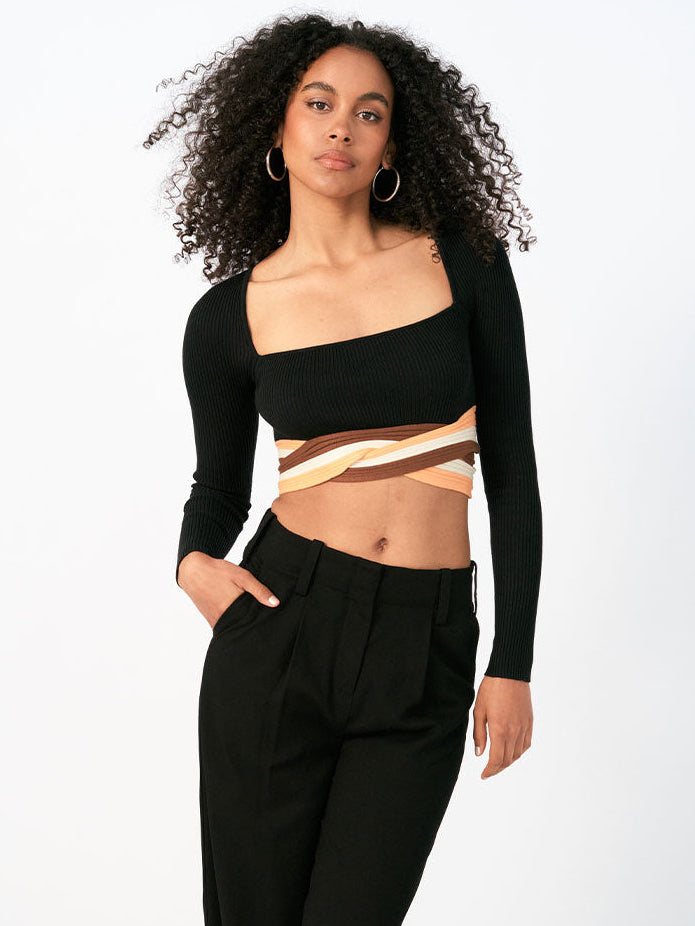 Inertia Long Sleeve Knit Crop Top in Black & Apricot