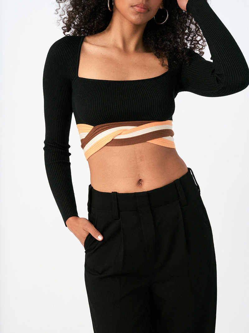 Inertia Long Sleeve Knit Crop Top in Black & Apricot