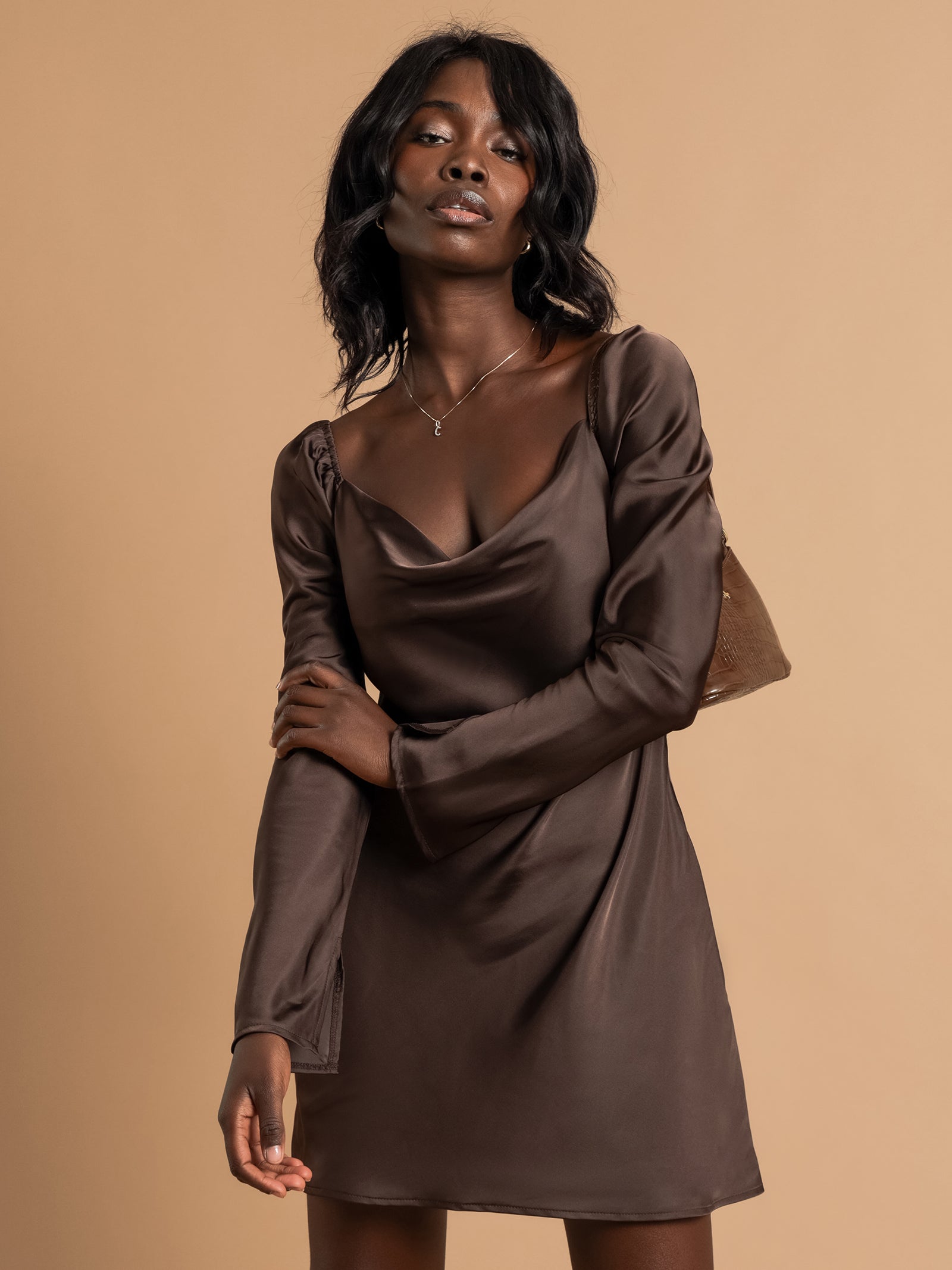 Julia Satin Dress in Chocolate