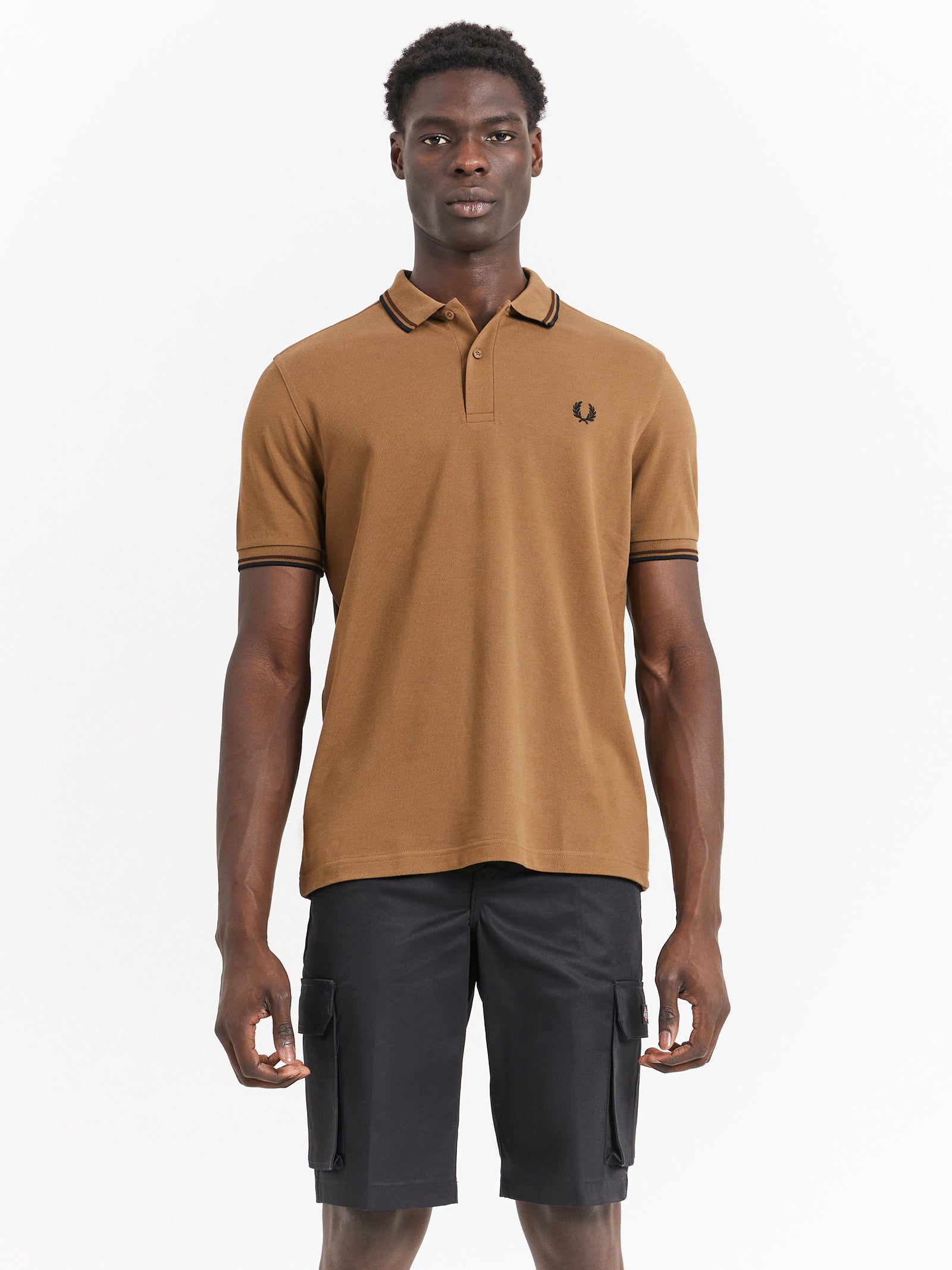 Twin Tipped Polo Shirt in Shaded Stone Tobacco Brown & Black