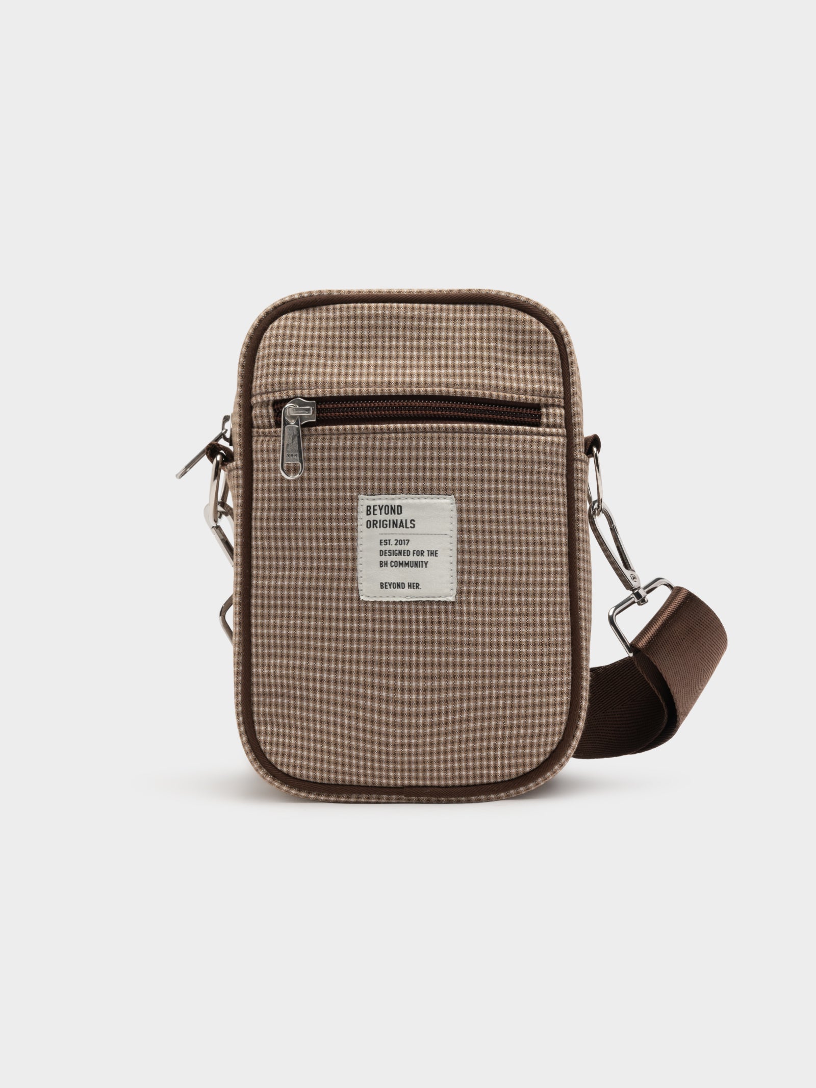 Zip-Front Side Bag in Brown & Cream Check