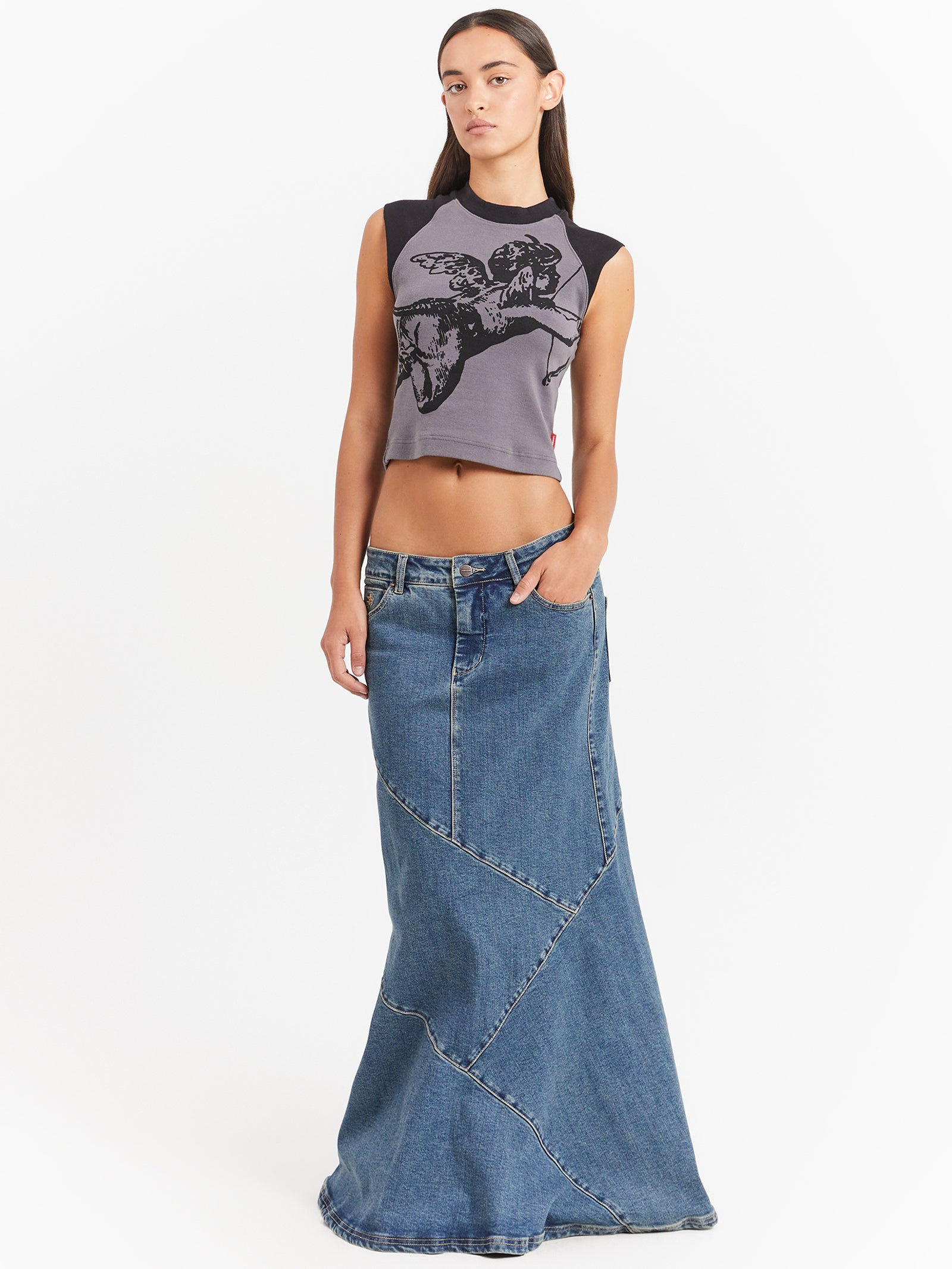 Crossroads Denim Maxi Skirt in Dirty Mid Blue