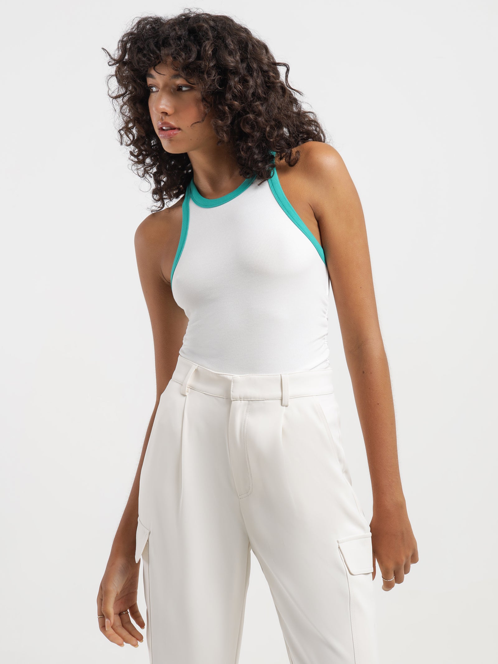 Arlo Rib Tank in Ivory & Alpine Green