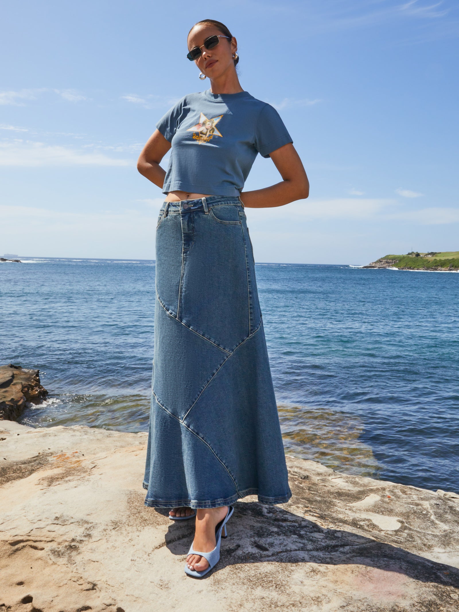 Crossroads Denim Maxi Skirt in Dirty Mid Blue