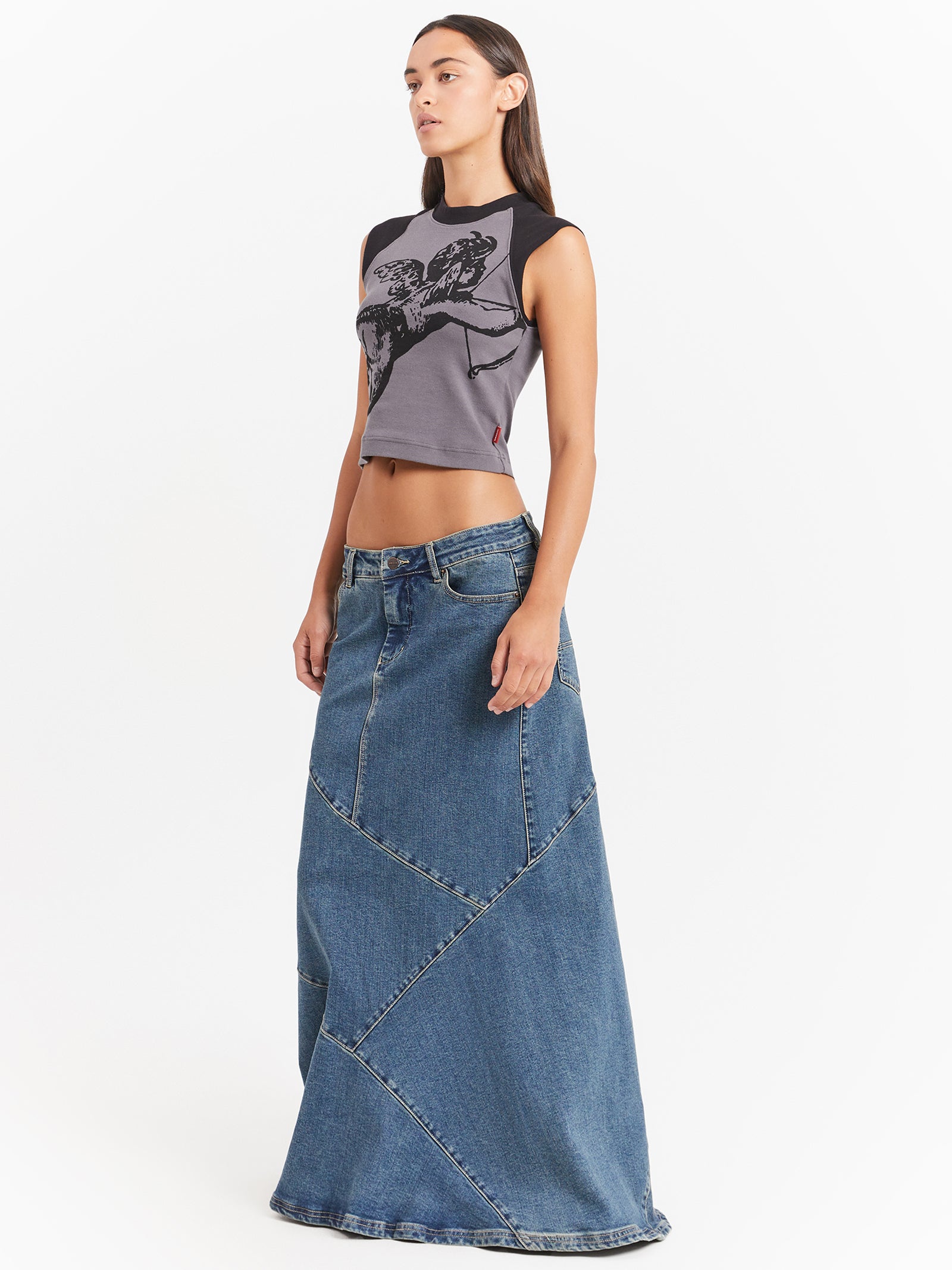 Crossroads Denim Maxi Skirt in Dirty Mid Blue