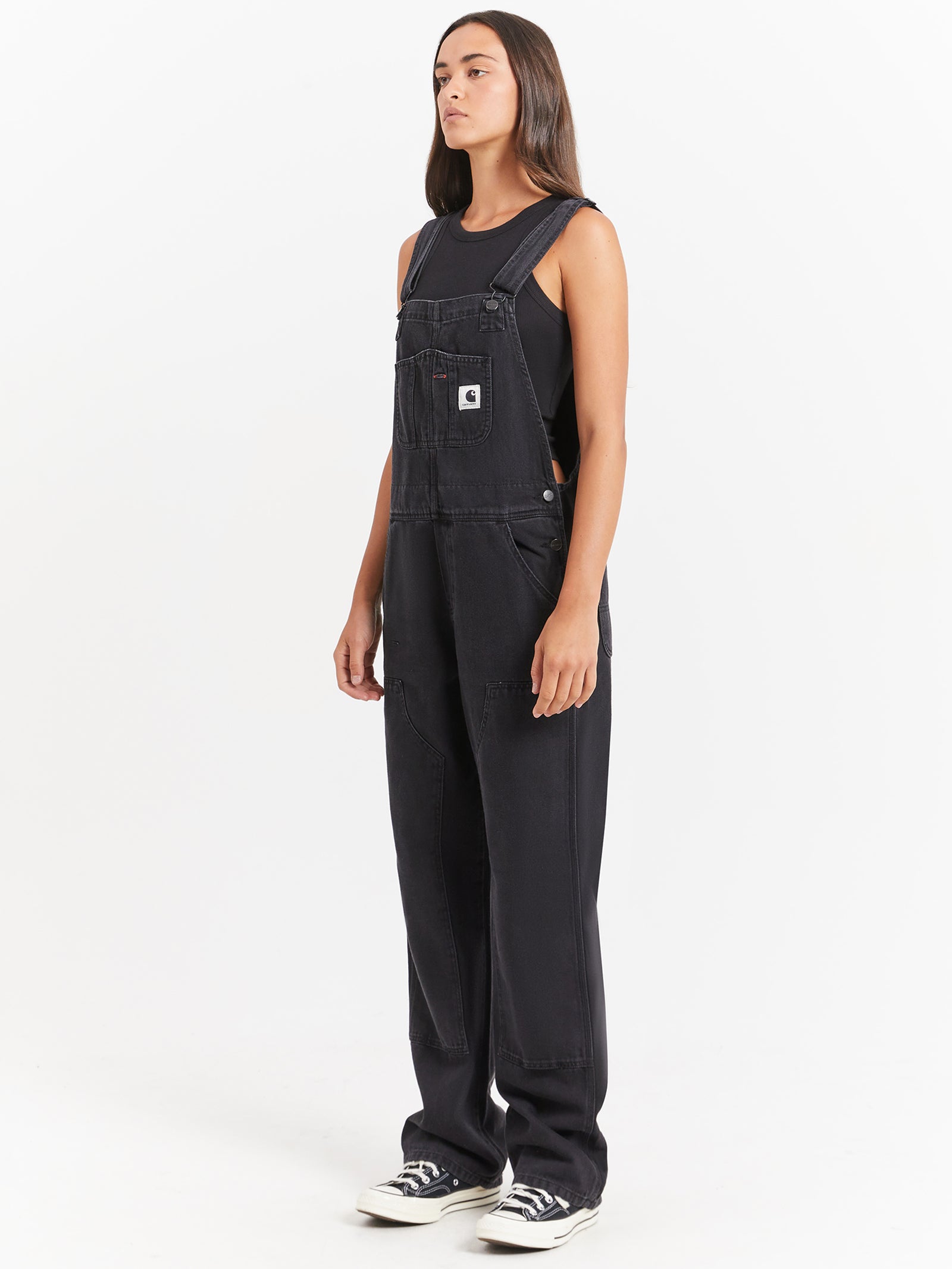 Denim Bib Double Knee Overalls in Stone Wash Black