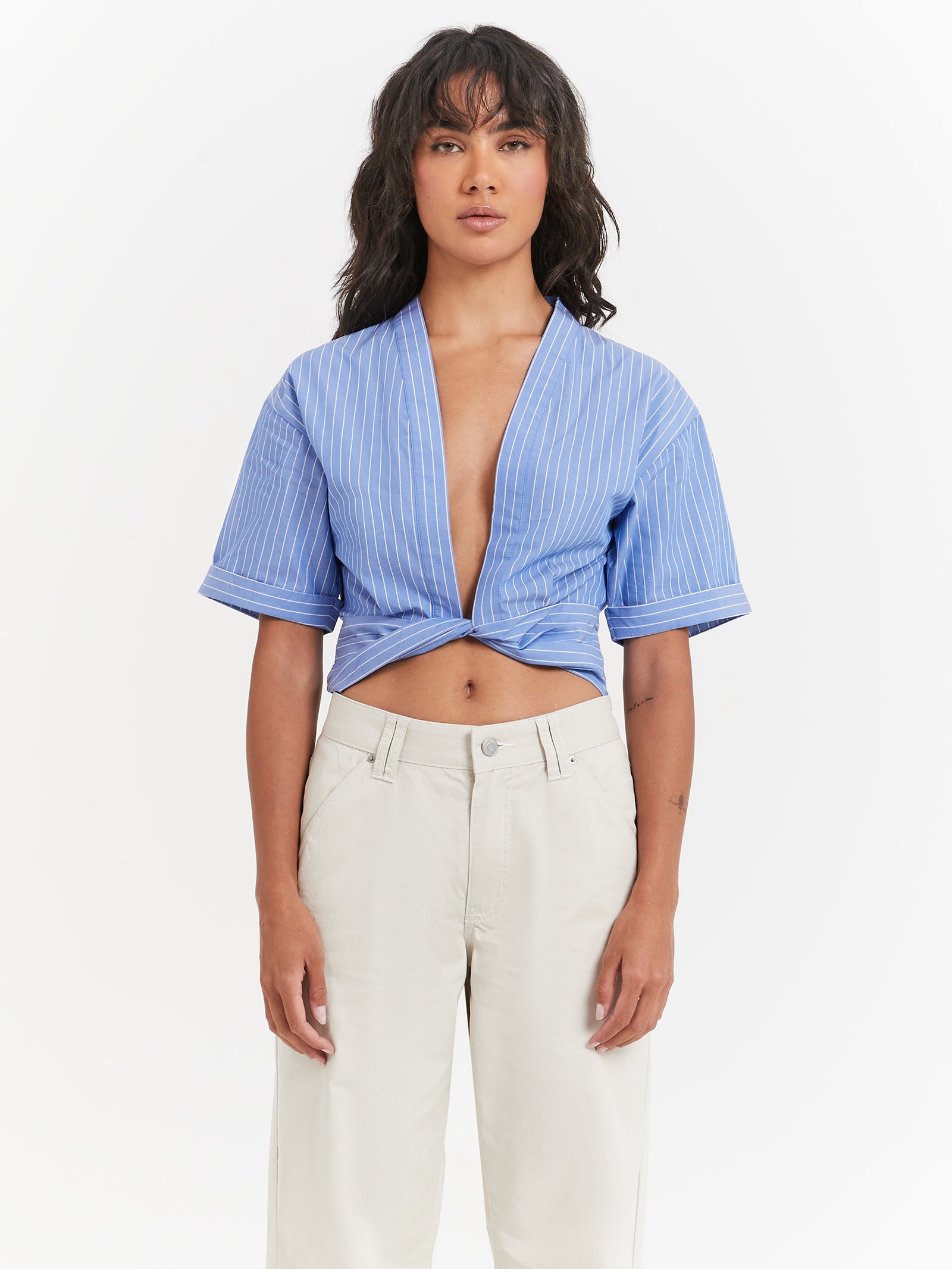 Kelsie Twist Shirt in Chambray Stripe