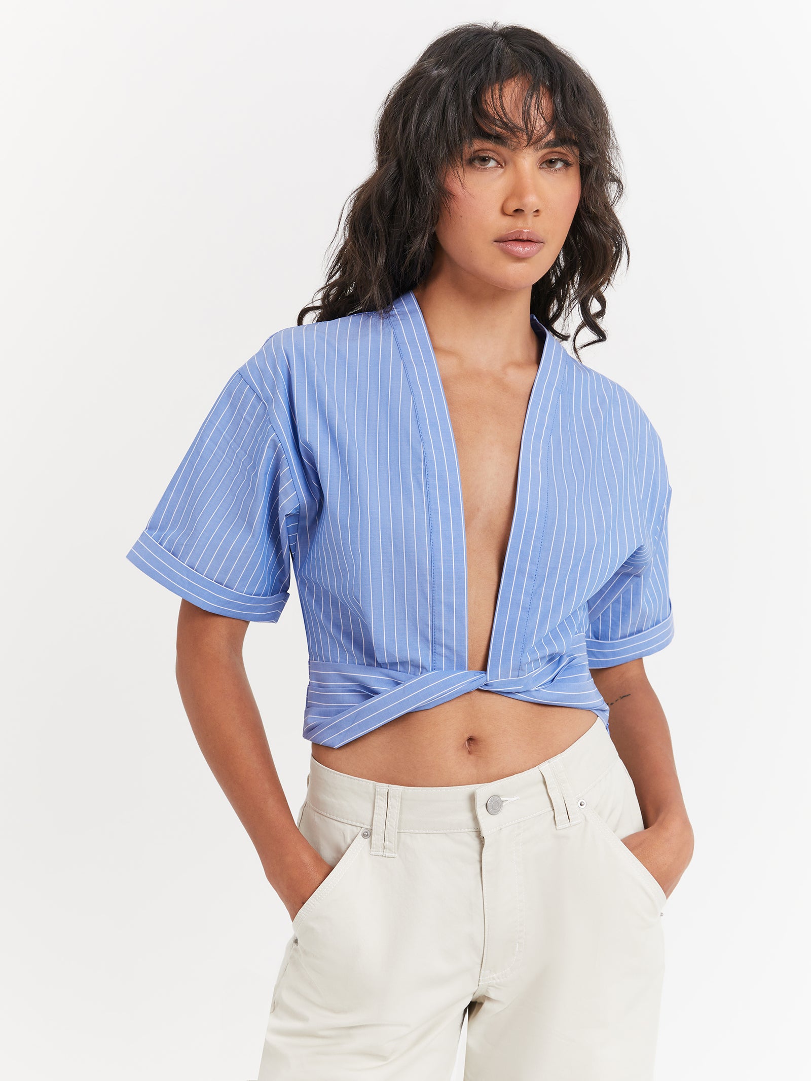 Kelsie Twist Shirt in Chambray Stripe