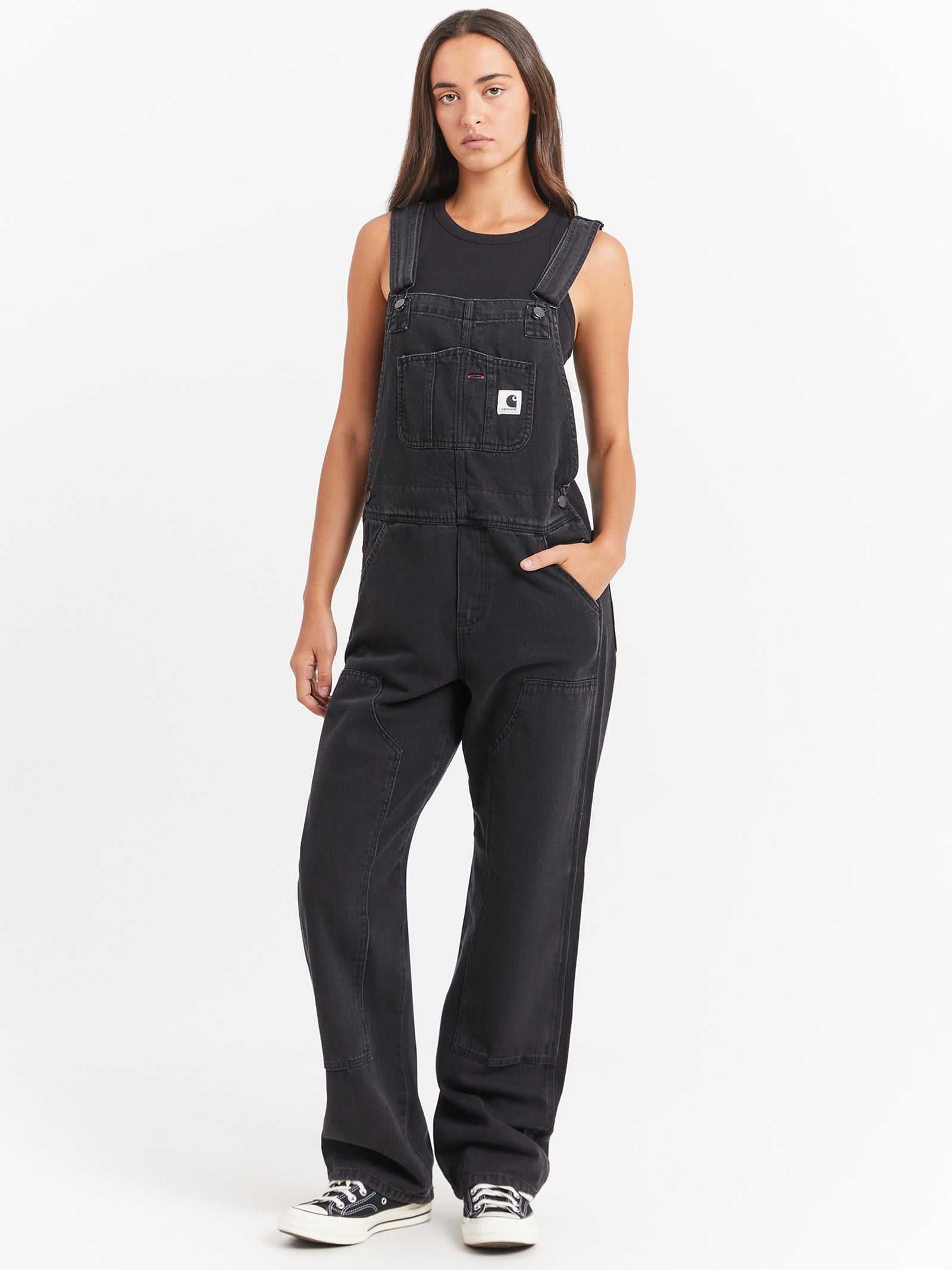 Denim Bib Double Knee Overalls in Stone Wash Black