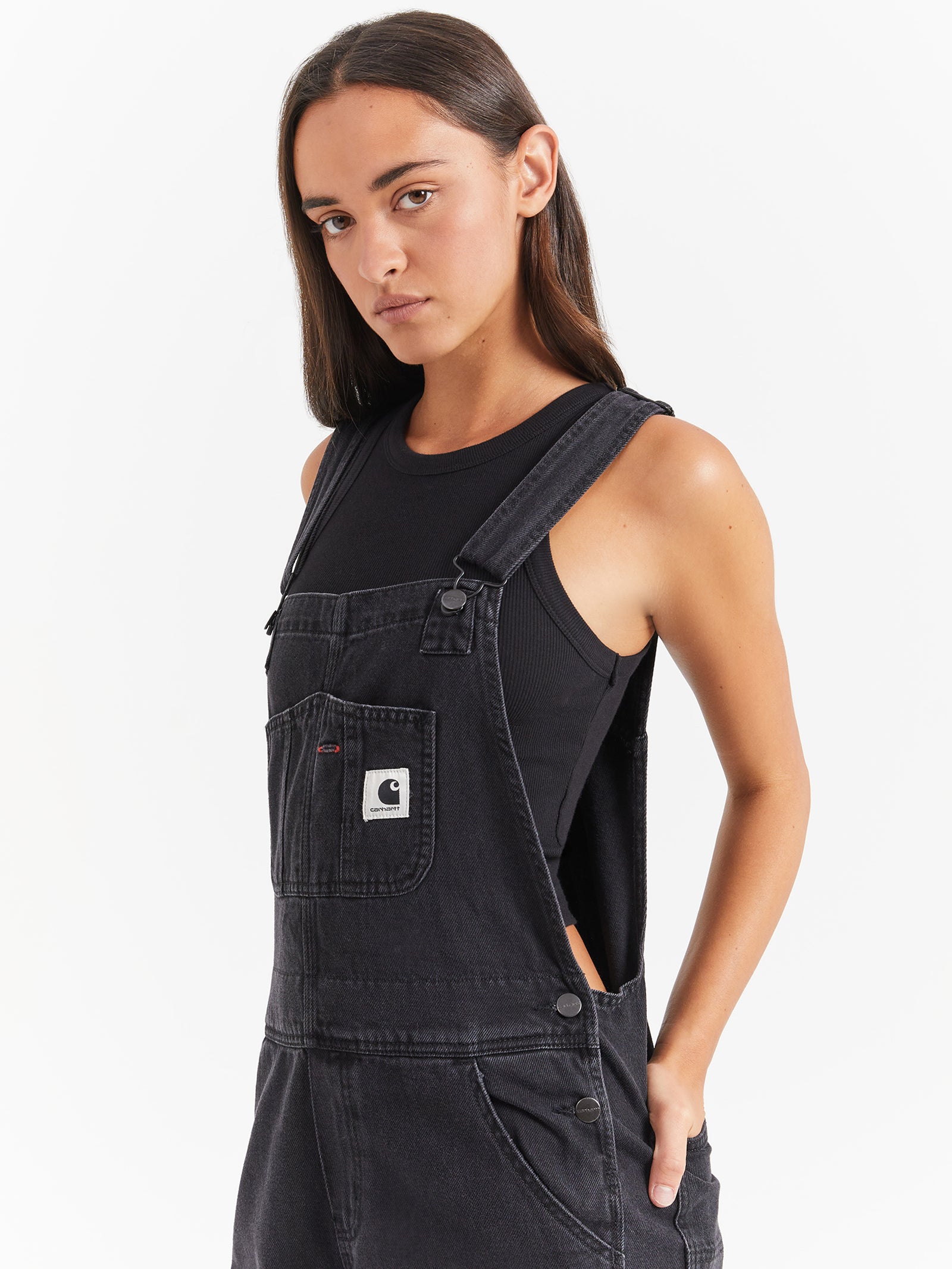 Denim Bib Double Knee Overalls in Stone Wash Black