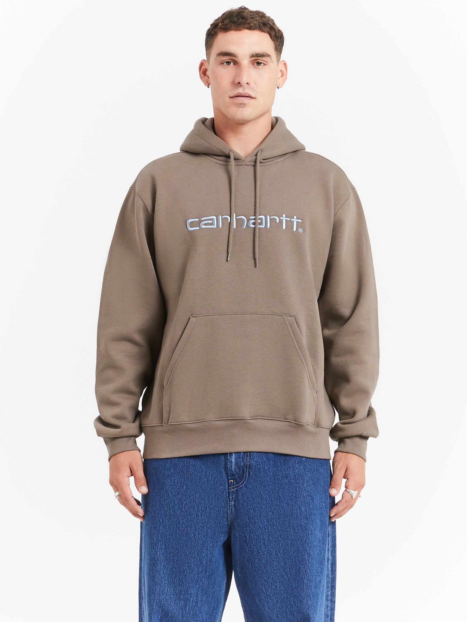 Hooded Carhartt Sweat in Barista Brown & Mirror Blue