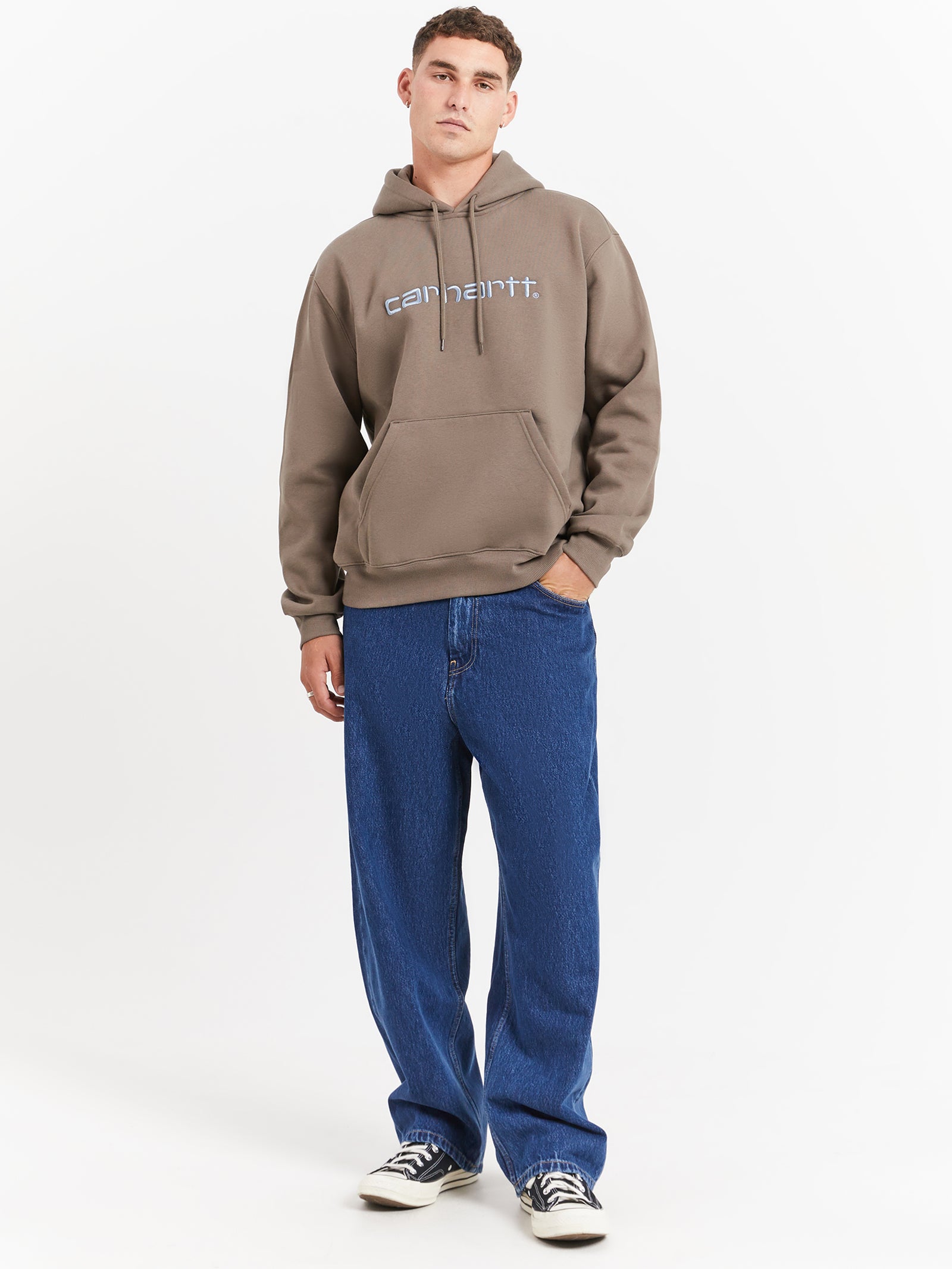 Hooded Carhartt Sweat in Barista Brown & Mirror Blue