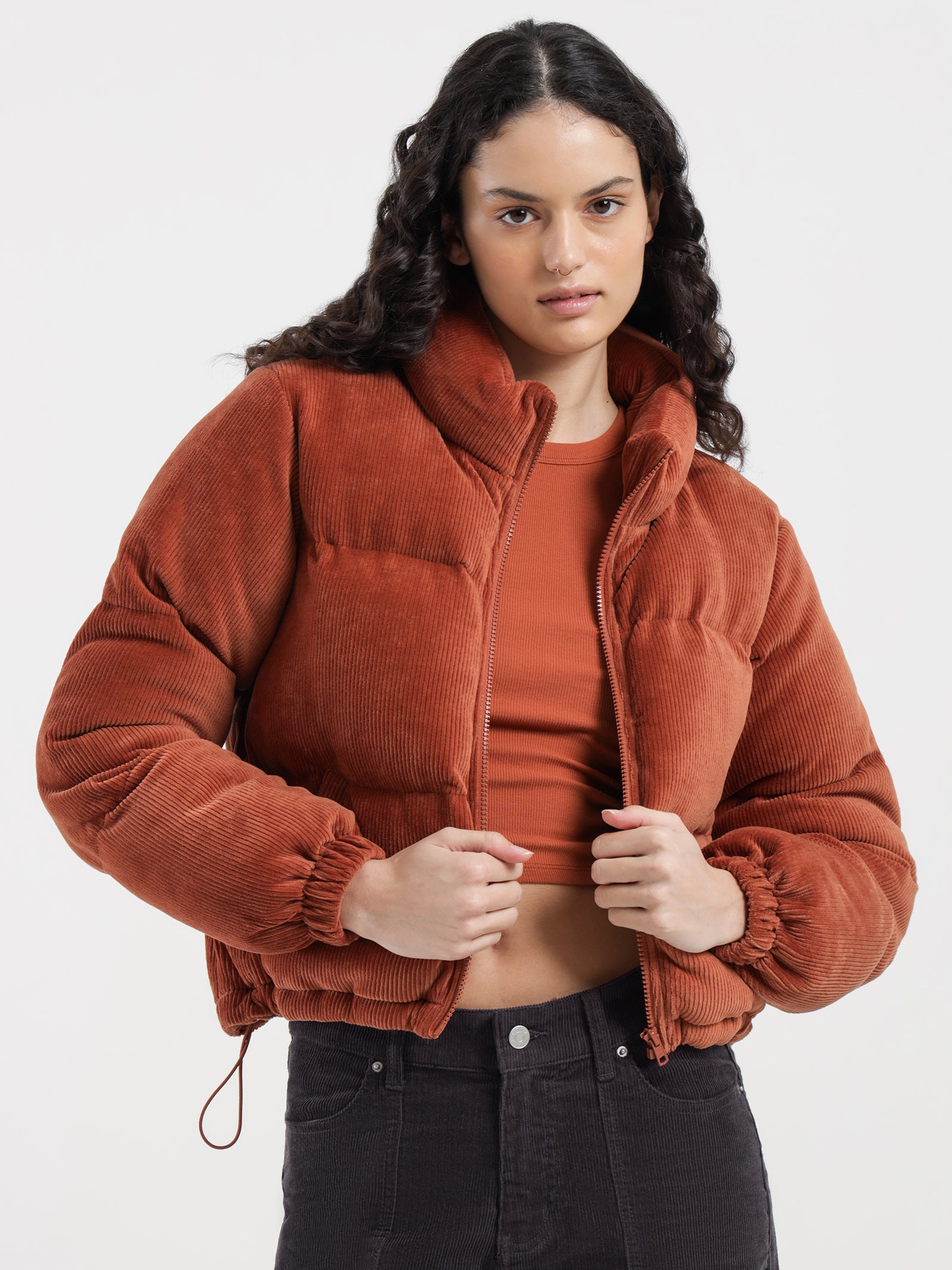 Tyler Cord Puffer Jacket in Rust