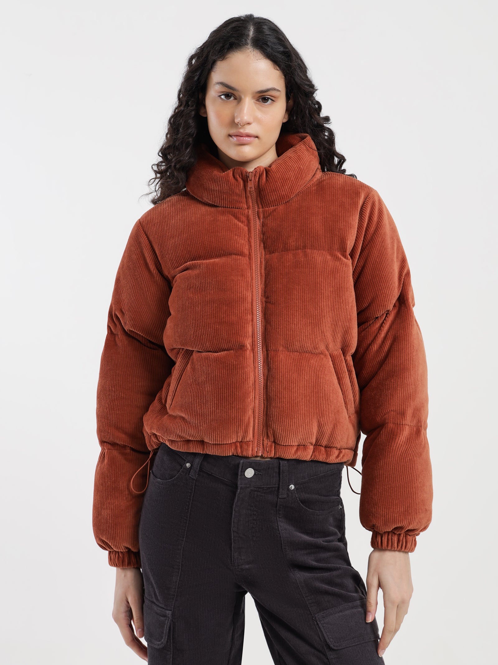 Tyler Cord Puffer Jacket in Rust