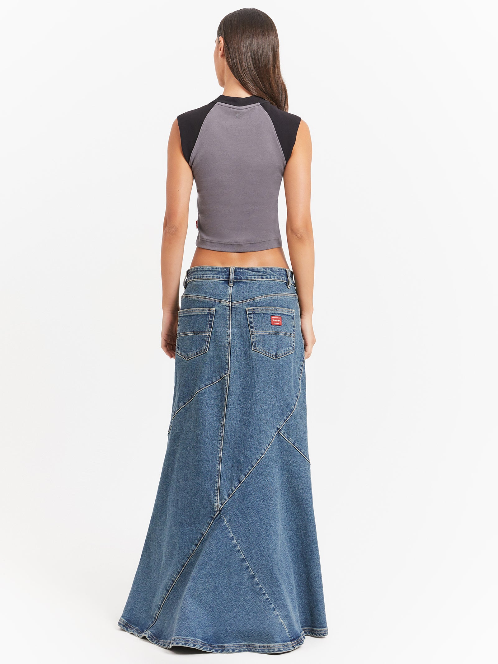 Crossroads Denim Maxi Skirt in Dirty Mid Blue